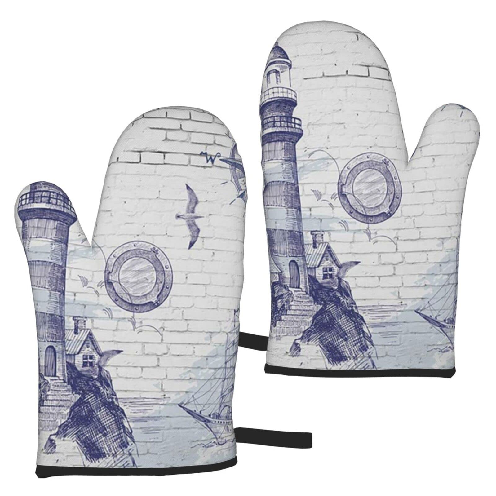 Sail Boat Compass Oven Mitts - Heat Resistant & Non-Slip Kitchen Gloves for Cooking, Baking, Grilling (1 Pair) - Perfect for BBQ, Baking Bread, and Handling Hot Pots