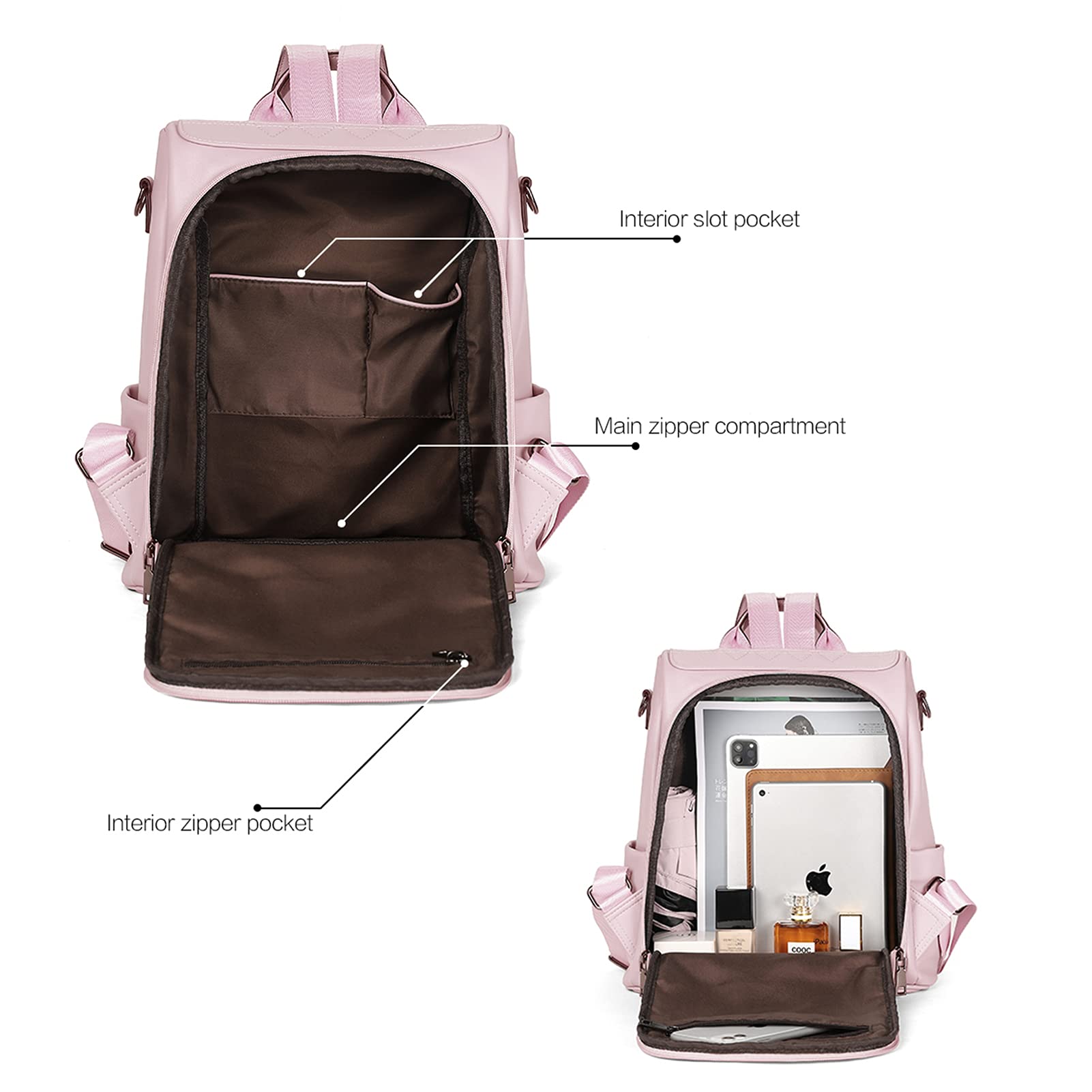 Leather Anti-Theft Travel Backpack for Women - Pink Fashion Shoulder Bag for Work & Travel