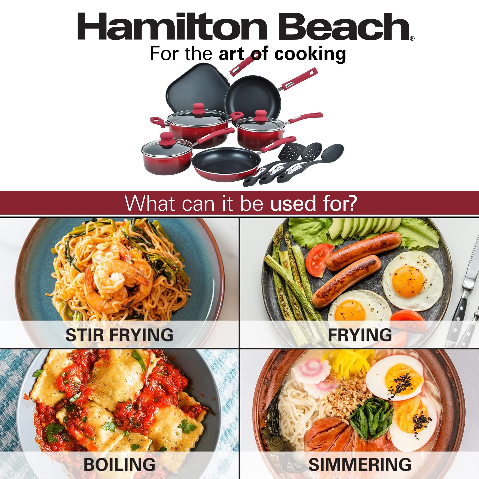 **Hamilton Beach 12-Piece Nonstick Aluminum Cookware Set - Red | Saucepan, Dutch Oven with Soft-Touch Bakelite Handles | Excellent Heat Conduction, Dishwasher Safe & Durable | Perfect for Stovetop Cooking, Baking & Serving**