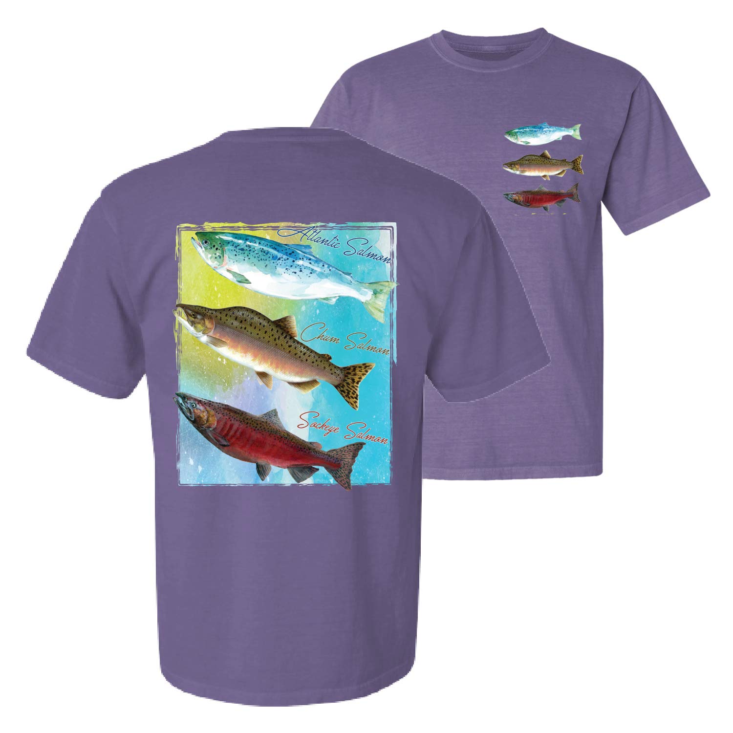 Atlantic Chum Sakeye Salmon Fishing T-Shirt - Front & Back Garment-Dyed Short Sleeve Tee for Anglers & Outdoor Enthusiasts - Perfect for Fishing Trips, Camping & Outdoor Adventures