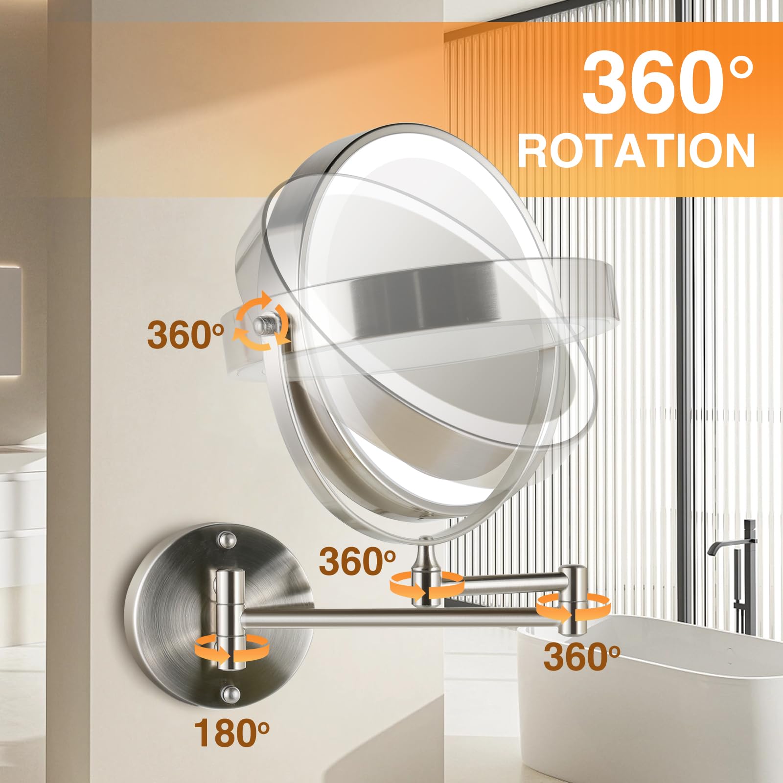 8.5 Inch Rechargeable Wall Mounted Makeup Mirror with Dual-Touch 1X/10X Magnification - Brushed Nickel Finish, 3 Color LED Lights & 360° Swivel - Extendable Bathroom Vanity Mirror for Shaving, Makeup Application & Skincare Routine