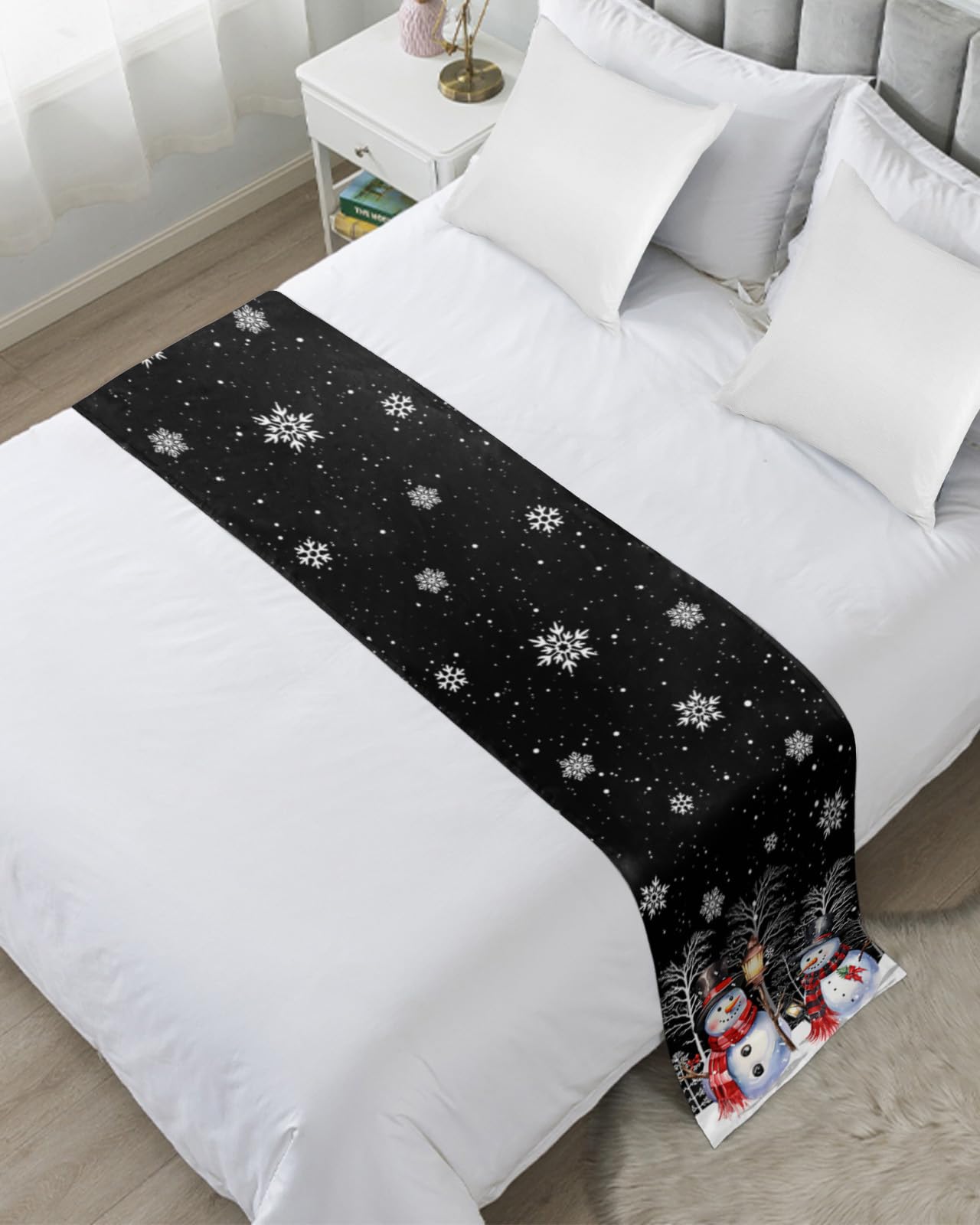 Black Christmas Bed Runner for Queen Size Bed - 83 x 20 Inch Snowman Xmas Tree Snowflake Decorative Bed Scarf Throw - Winter Bedding Protector Slipcover for Foot of Bed - Perfect for Holiday Home Decor & Hotel Room Styling