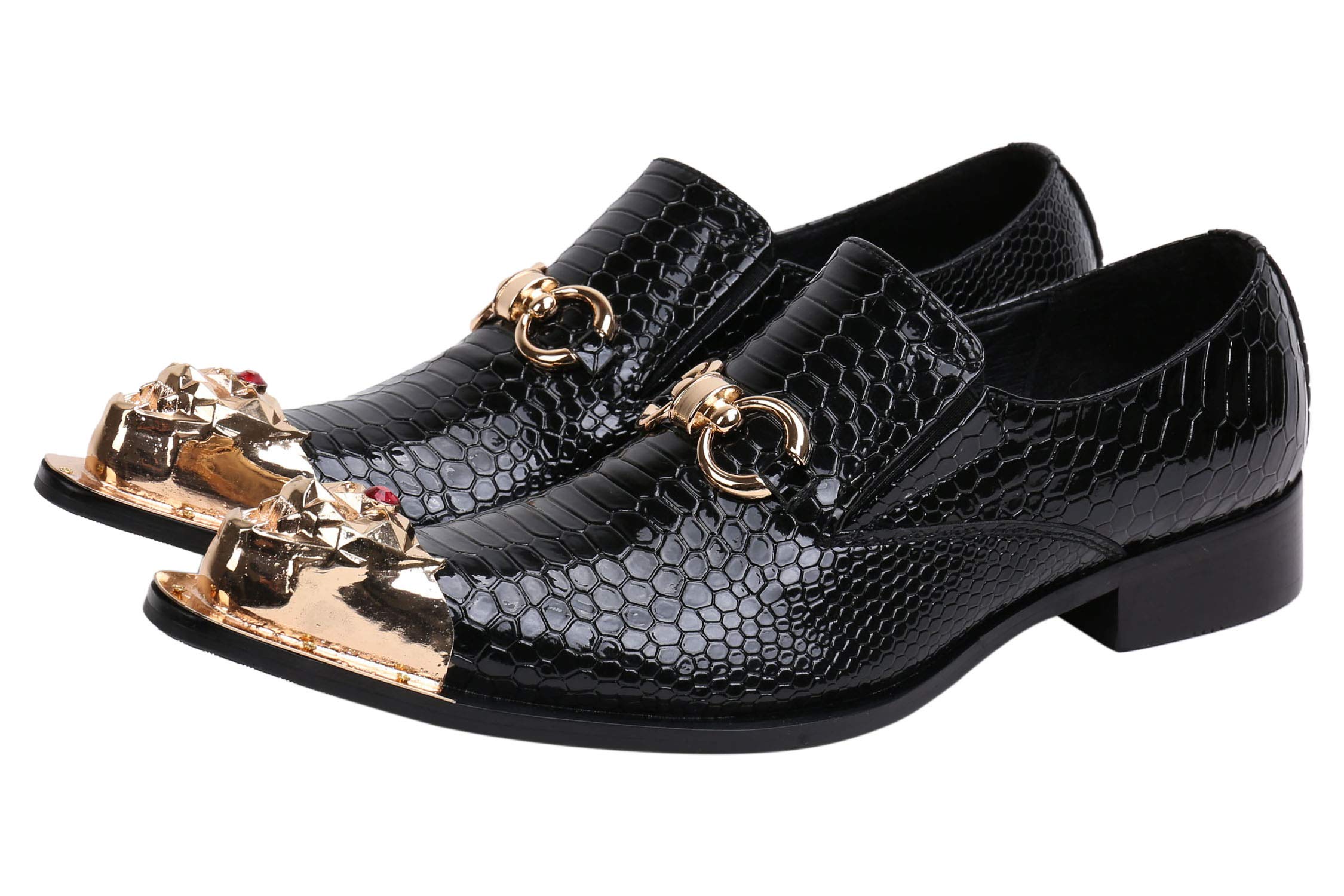 Santimon Men's Loafers - Pointed Toe Leather Dress Shoes with Rhinestone Buckle & Metal Tip for Western Style | Comfortable Slip-On Shoes for Business, Party & Casual Wear