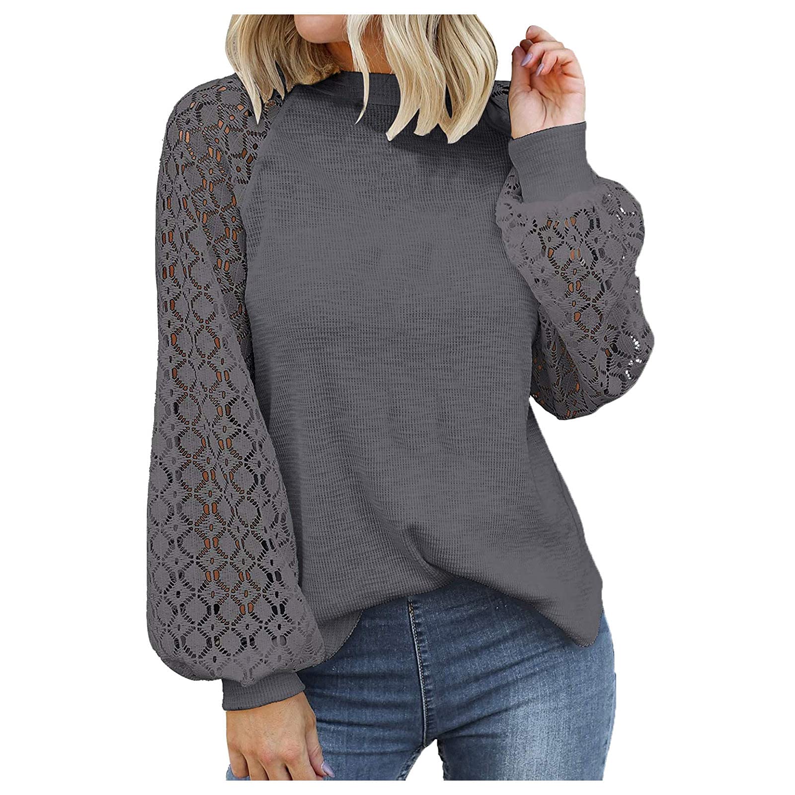 Women's White Lace Crop Top Sweater - Long Sleeve O-Neck Winter Pullover with Stitching Detail | Casual Autumn Loose Fit for Layering, Date Nights & Office Wear