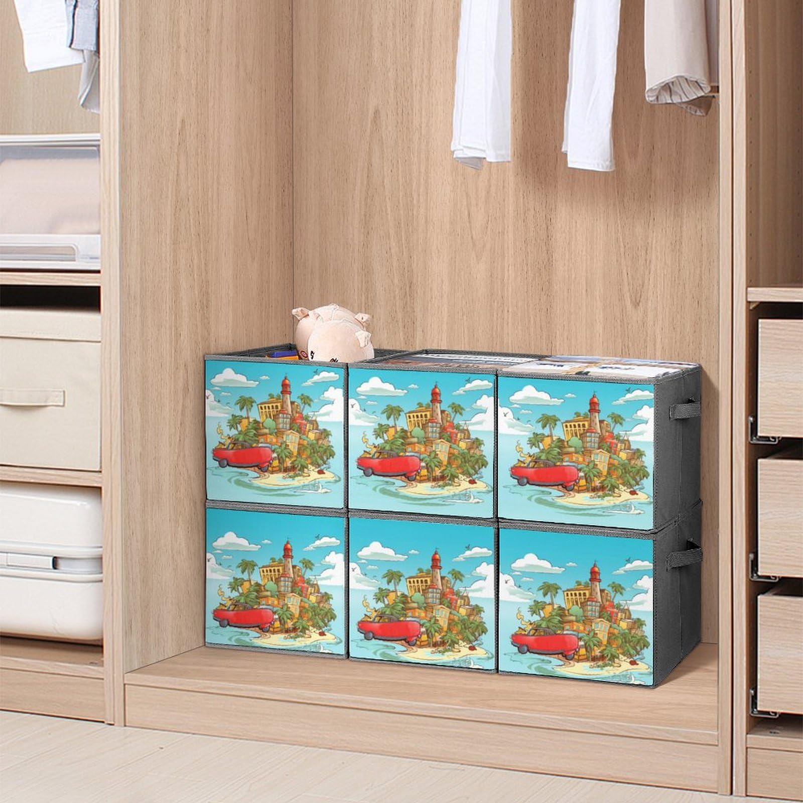 6-Pack Collapsible Storage Bins with Handles - Foldable Fabric Storage Baskets for Closet, Bedroom & Home Organization - Perfect for Clothes, Toys, Blankets & Household Items (Island of Cuba Design)