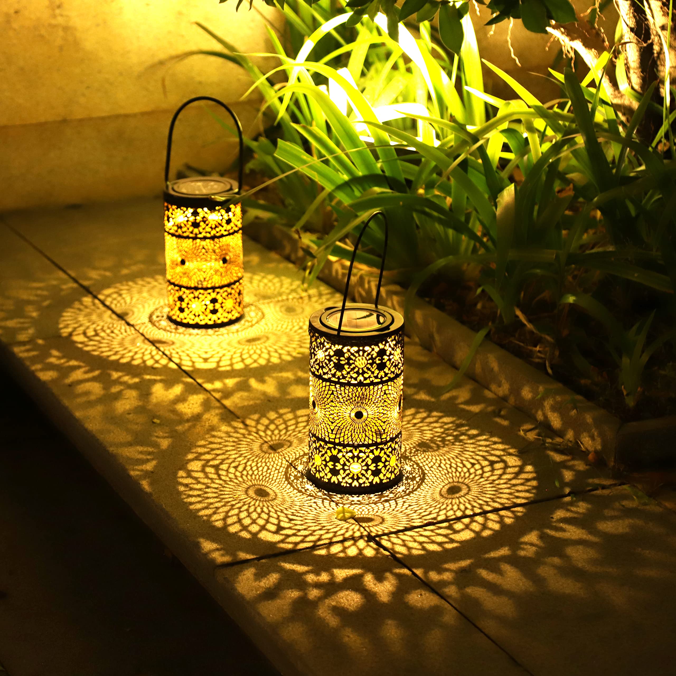 2 Pack Solar Lanterns Outdoor - Waterproof IP65 Warm White Metal Garden Lights with Ground Stakes | Solar Hanging Lights for Patio, Balcony, Pathway & Yard Decoration | Perfect for Evening BBQs, Garden Parties & Outdoor Entertaining