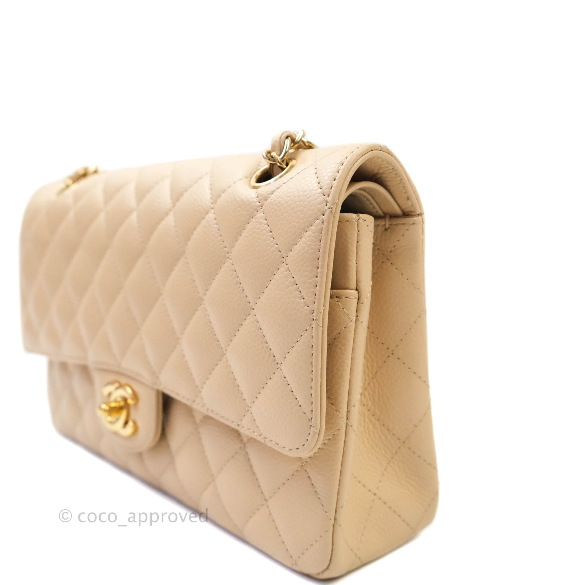 Chanel Classic M/L Medium Double Flap Bag in Beige Caviar Leather with Gold Hardware - Luxury Handbag for Women, Perfect for Work, Date Night & Special Occasions