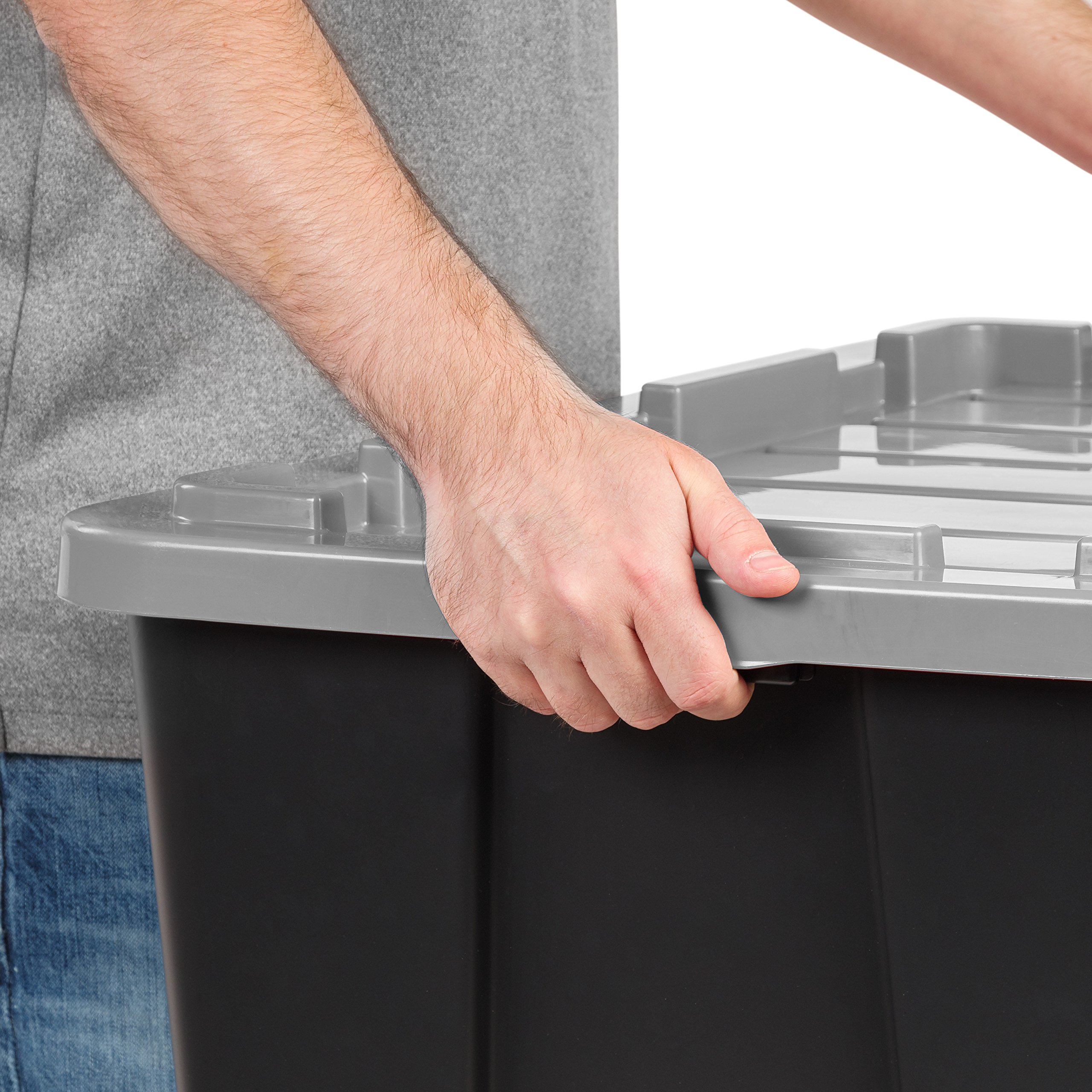 IRIS USA 27 Gallon Heavy Duty Truck Bed Toolbox Storage Tote Bins with Lids, 4 Pack - Made in USA | Stackable Industrial Tubs for Garage Organization, Workshop & Outdoor Storage | Durable Snap-On Lids, Reusable Black/Gray Containers
