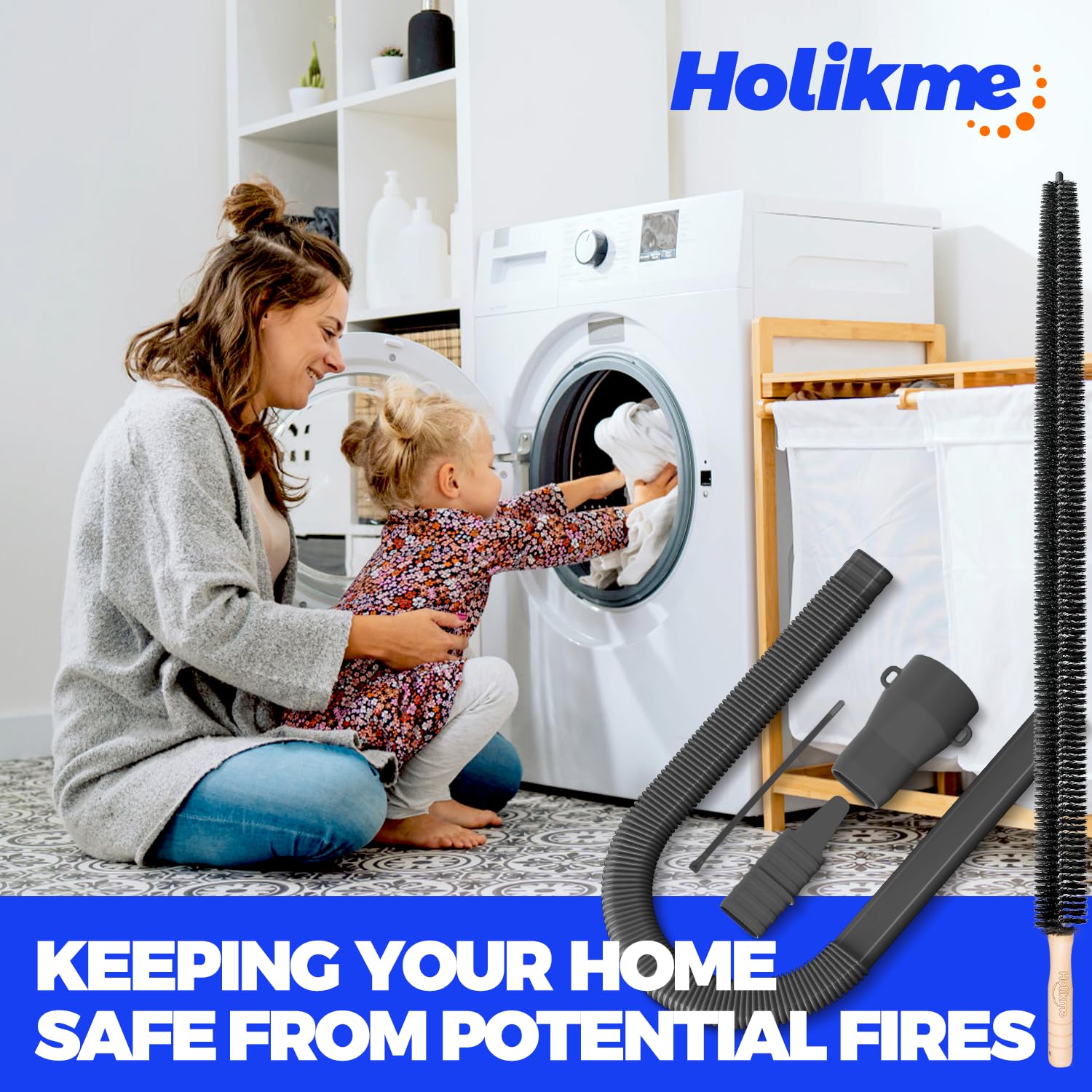 Holikme Upgraded 2-Piece Dryer Vent Cleaning Kit - Lint Remover Vacuum Attachment & Brush for Most Vacuum Cleaners - Efficient Lint Removal for Safer Dryer Performance - Perfect for Home Laundry, RV & Apartment Maintenance
