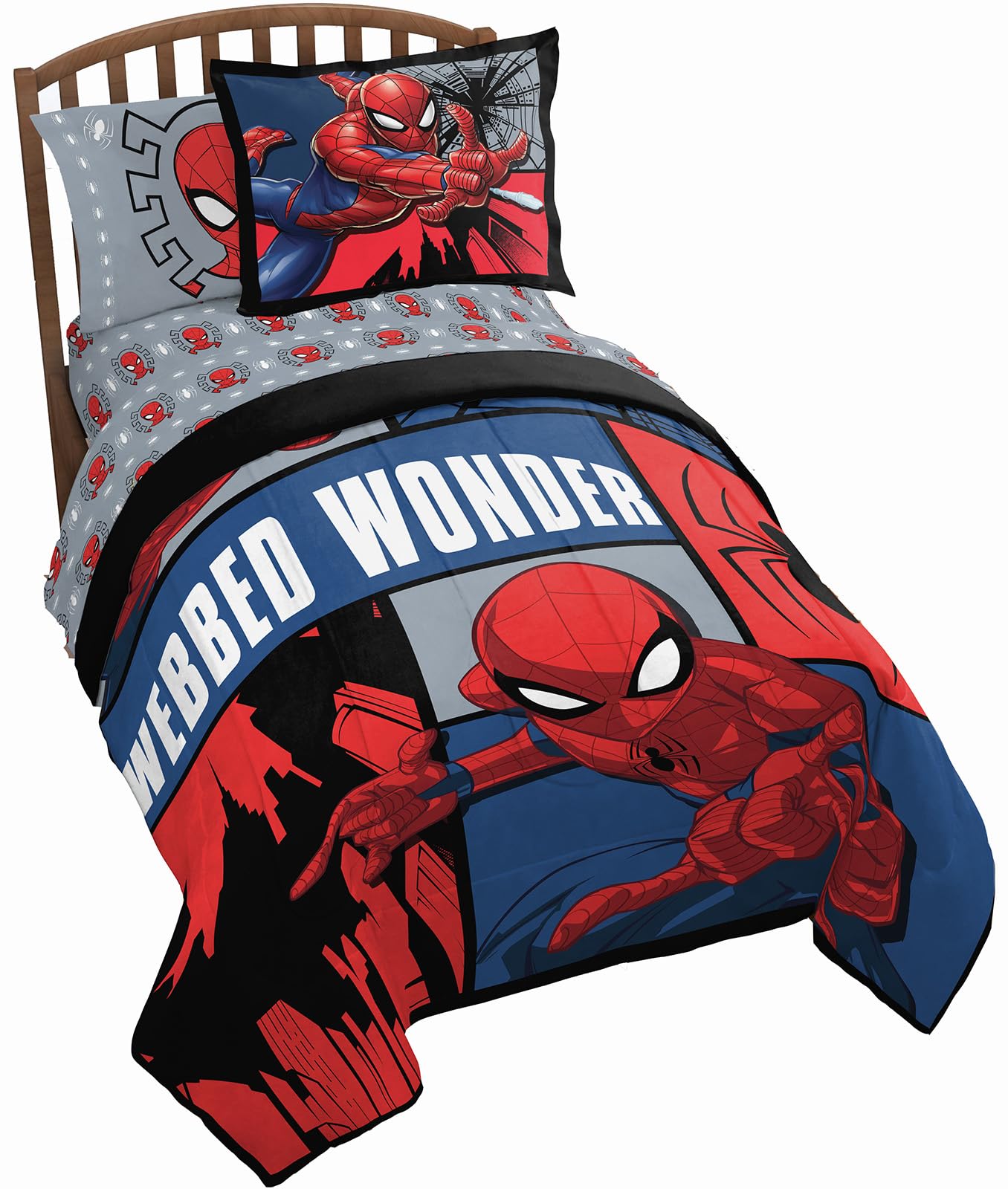 Jay Franco Marvel Spiderman Webbed Wonder 5-Piece Twin Bedding Set - Super Soft Fade Resistant Polyester Comforter & Sheet Set - Official Marvel Licensed Product - Perfect for Kids' Bedrooms, Themed Rooms & Marvel Fans