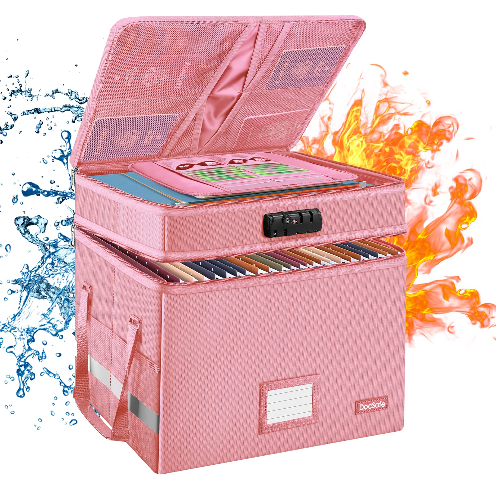 Fireproof Document Box with Lock - Multi-Layer Collapsible File Organizer with Pockets & Handle, Portable Hanging File Storage for Letter/Legal Size Folders - Ideal for Home Office, School Records & Important Document Protection (Pink)