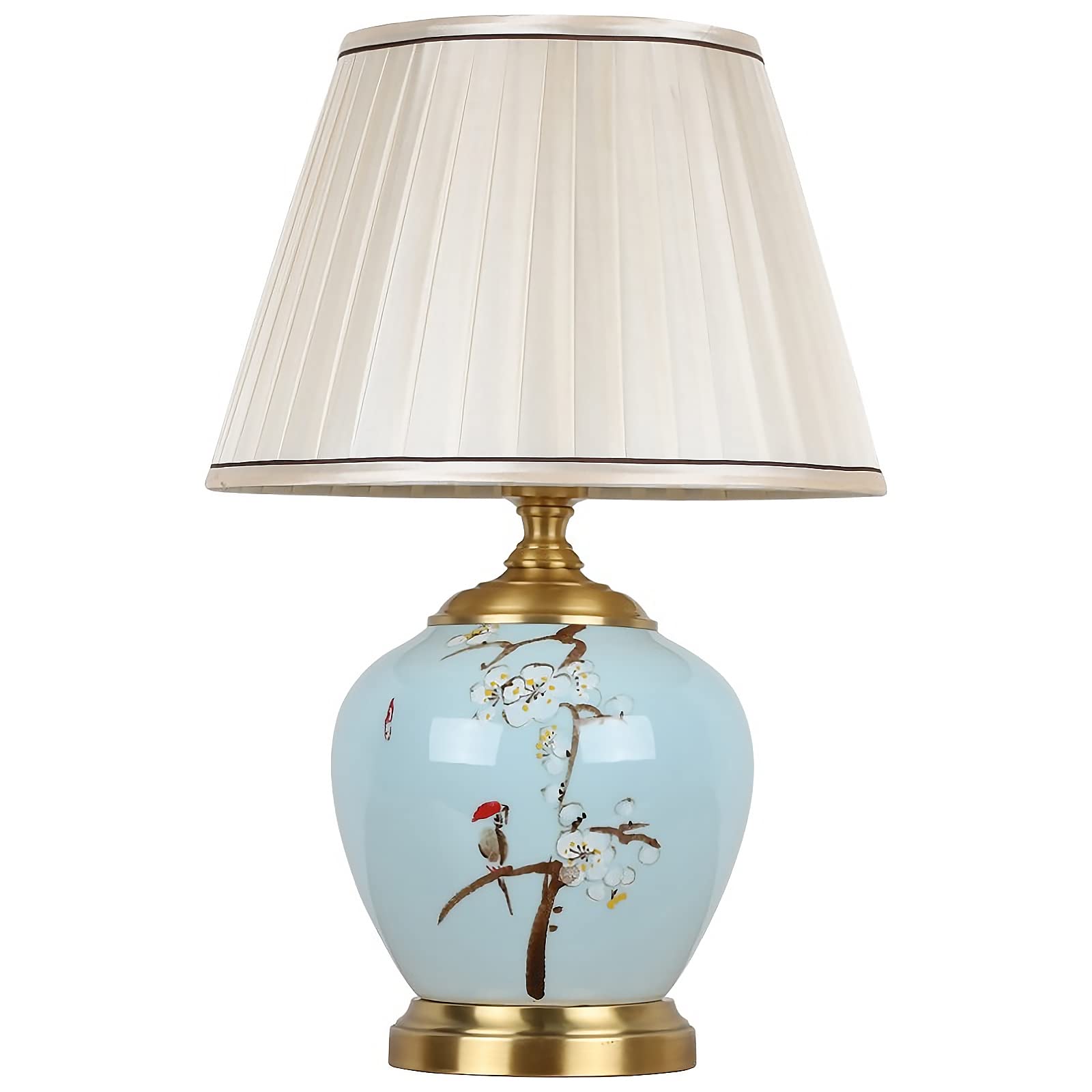 Hand Painted Blue and White Chinoiserie Ceramic Table Lamp with Fabric Shade - Vintage Bedside Lamp for Bedroom, Living Room, Study, Hotel & Home Decor - Perfect for Cozy Reading Nooks, Nightstand Lighting and Elegant Interior Design