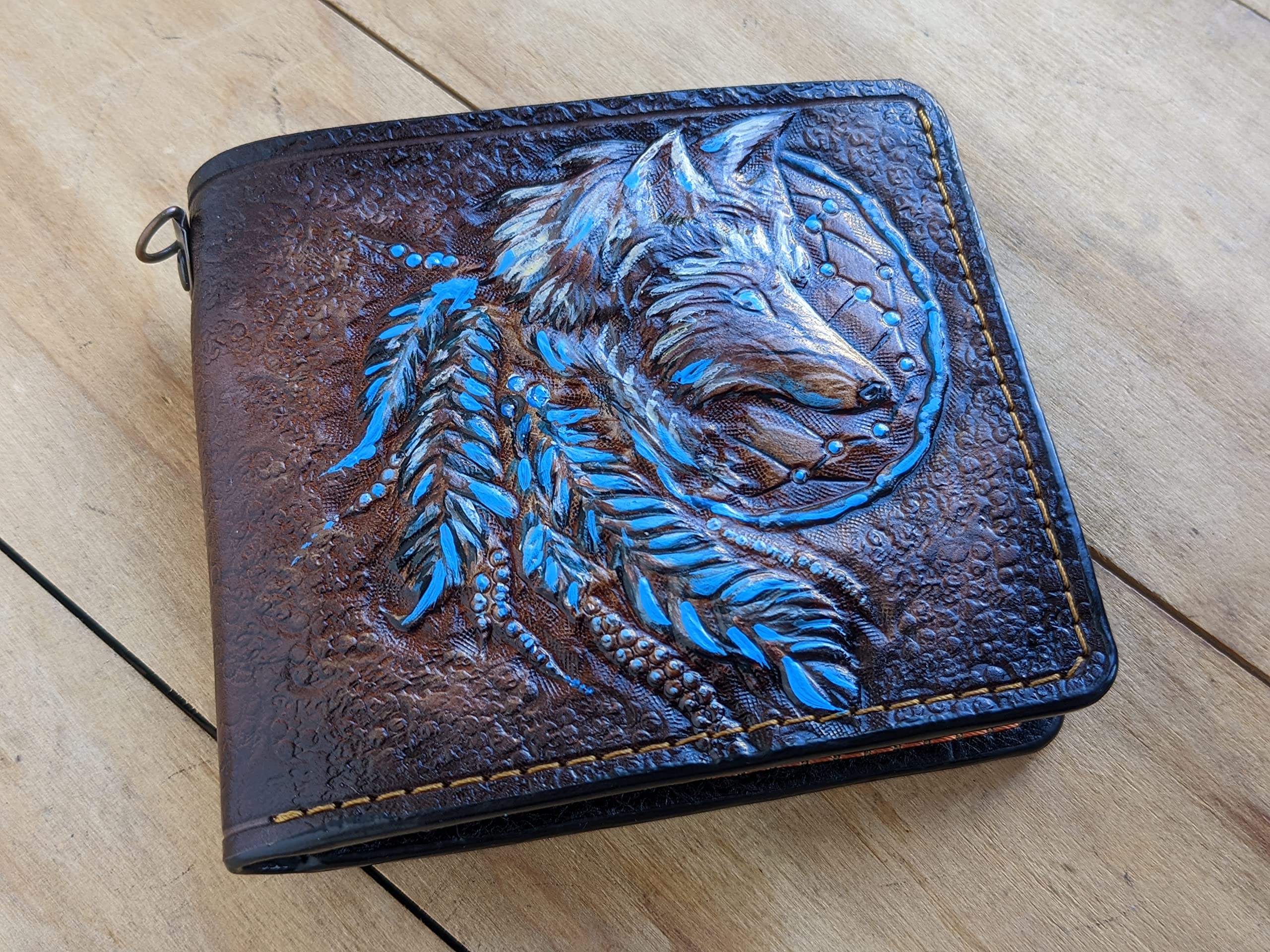 Handmade 3D Genuine Leather Bifold Wallet for Men - Custom Carved & Tooled with Airbrush Art, Personalized Turquoise Fox Dream Catcher Design - Perfect Gift for Father's Day, Birthday & Daily Use