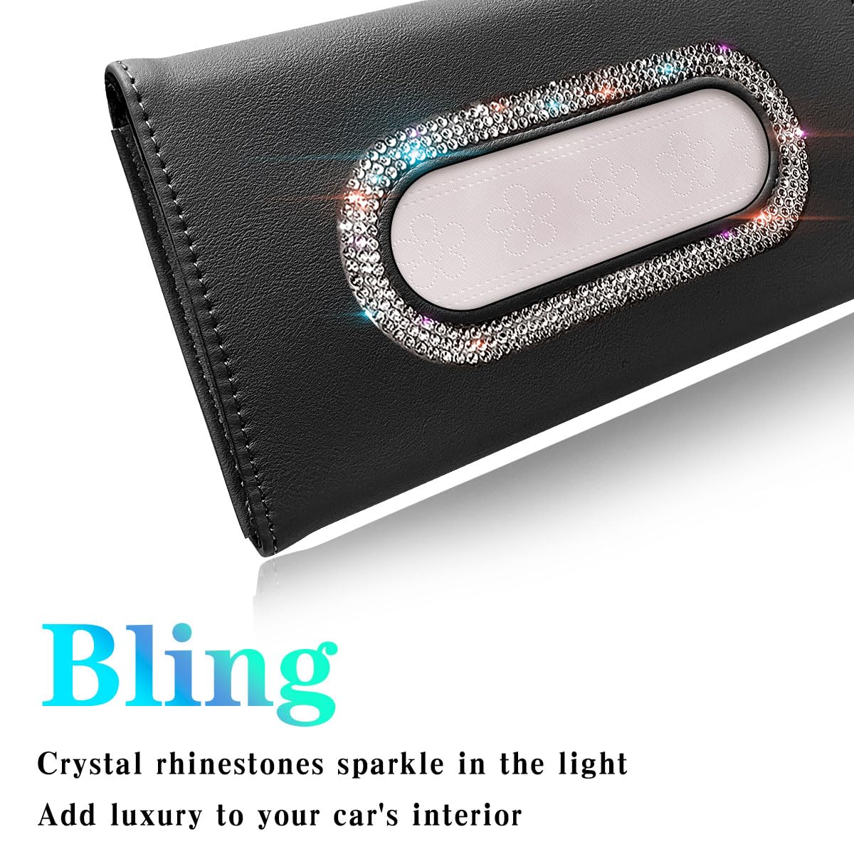 Diamond Car Visor Tissue Holder - PU Leather Sun Visor Napkin Organizer for Masks & Wipes (Black) | Perfect for Road Trips & Daily Commute