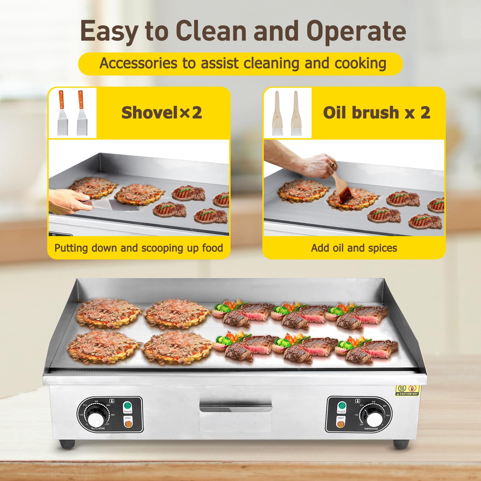 GARVEE 30 Inch Commercial Electric Grill 3000W Stainless Steel Griddle with Adjustable Temperature (122°F-572°F) - Non-Stick Surface for Home Kitchen & Restaurant Use - Perfect for Pancakes, Burgers, Steaks & Large Batch Cooking (No Plug Included)