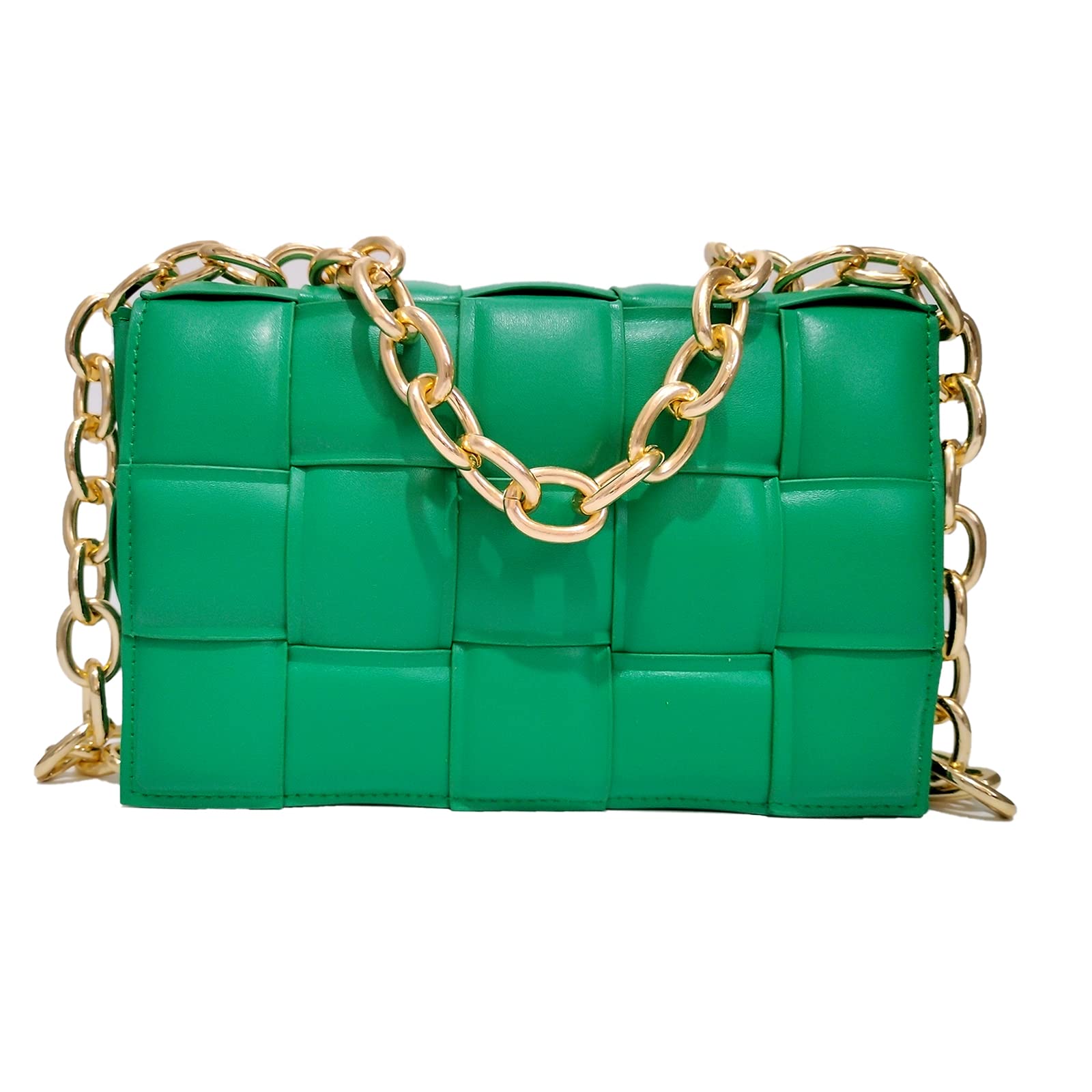 Ling Chuang Women's Woven Crossbody Bag - Padded Cassette Shoulder Purse with Green Chain, Small Square Handbag | Perfect for Daily Use, Shopping, and Travel Accessories