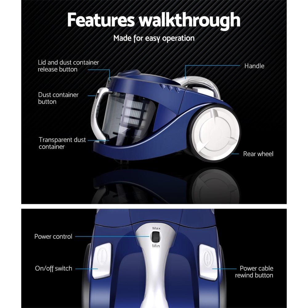 Devanti 2200W Powerful Bagless Cyclonic Vacuum Cleaner - Lightweight for Home, Office & Car Use - Blue | Ideal for Pet Hair, Hard Floors & Carpets