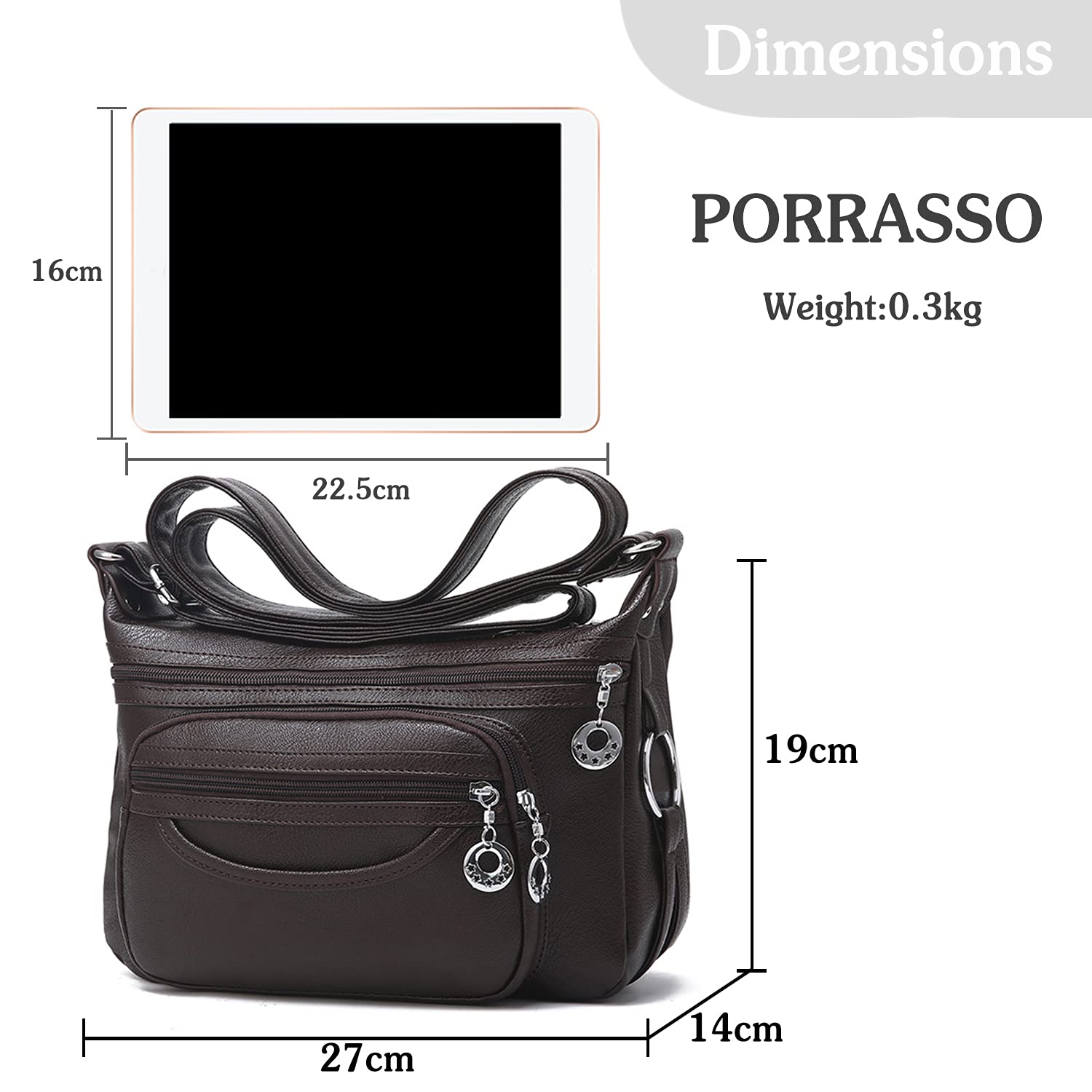 PORRASSO Women's Crossbody Bag with Multiple Pockets - Waterproof Shoulder Messenger Purse for Travel, Work & Daily Use