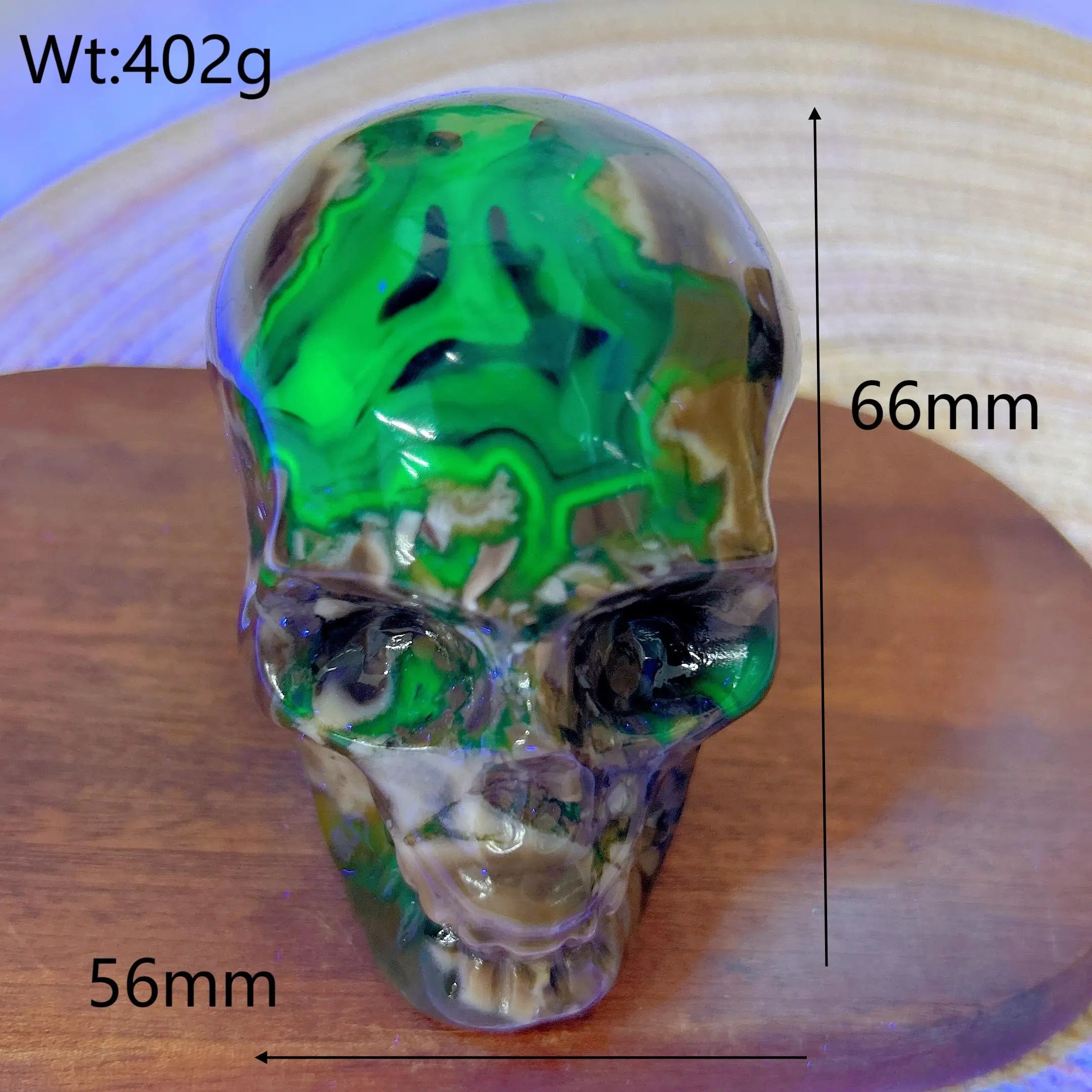 Natural Volcanic Agate Skull Carving with UV Light Effect - Green Flashy Healing Crystal for Energy, Home Decor & Spiritual Gifts | Perfect for Meditation, Feng Shui & Unique Gift Giving