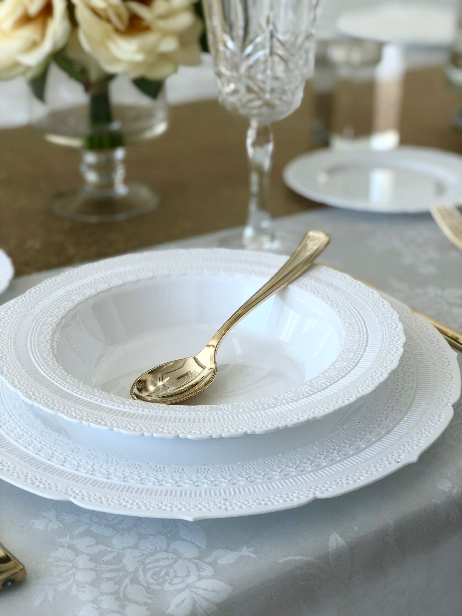 720-Piece Heavyweight Vintage Wedding Disposable Plastic Plate Set (120 Guests) - Premium Chateau White Plates with Silver Silverware & Double Forks | Elegant Dinnerware for Weddings, Parties, Banquets & Special Events