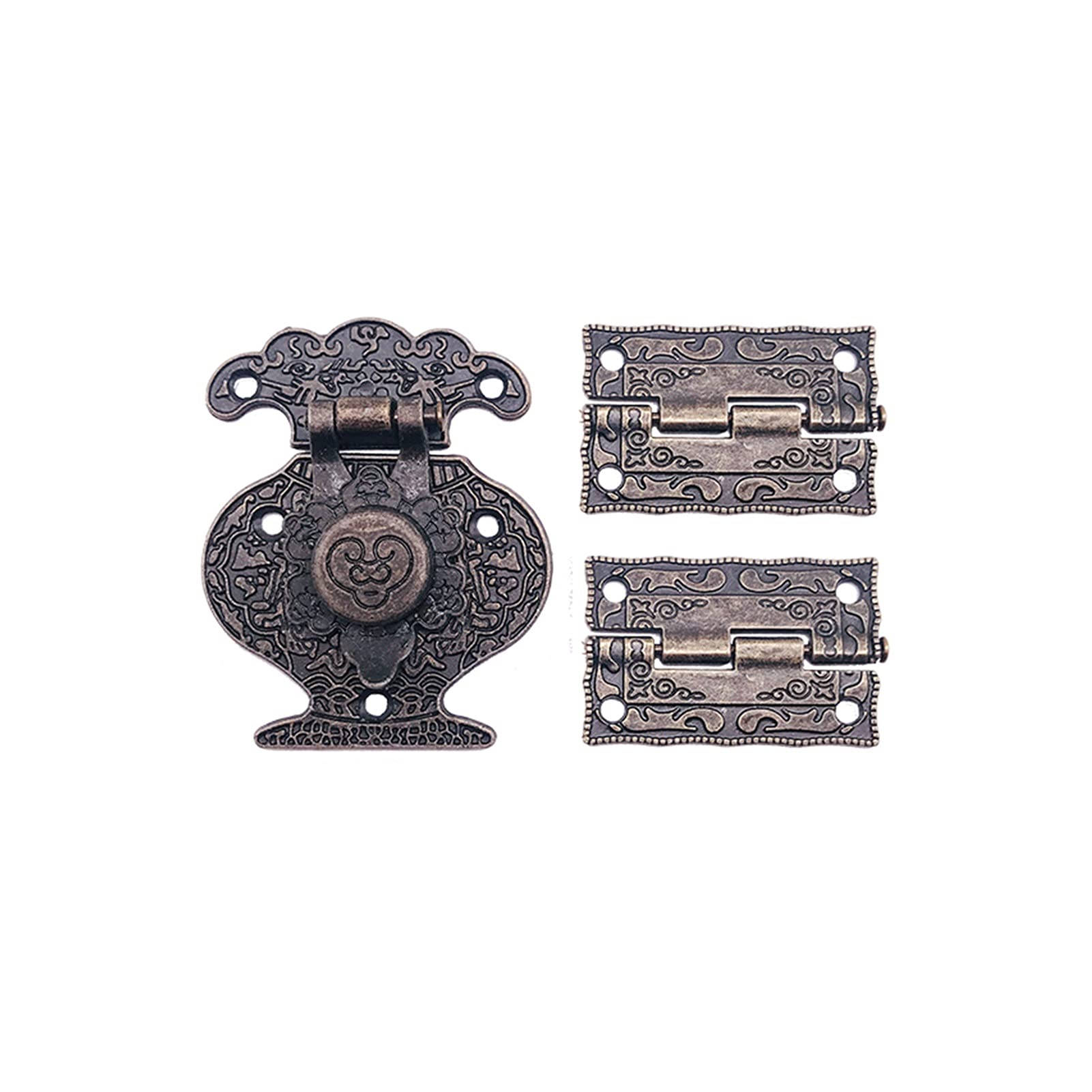 Antique Bronze Padlock with Wooden Box & 2 Retro Cabinet Hinges - Vintage Jewelry Storage & Furniture Hardware for Home Decor, DIY Projects & Gift Giving