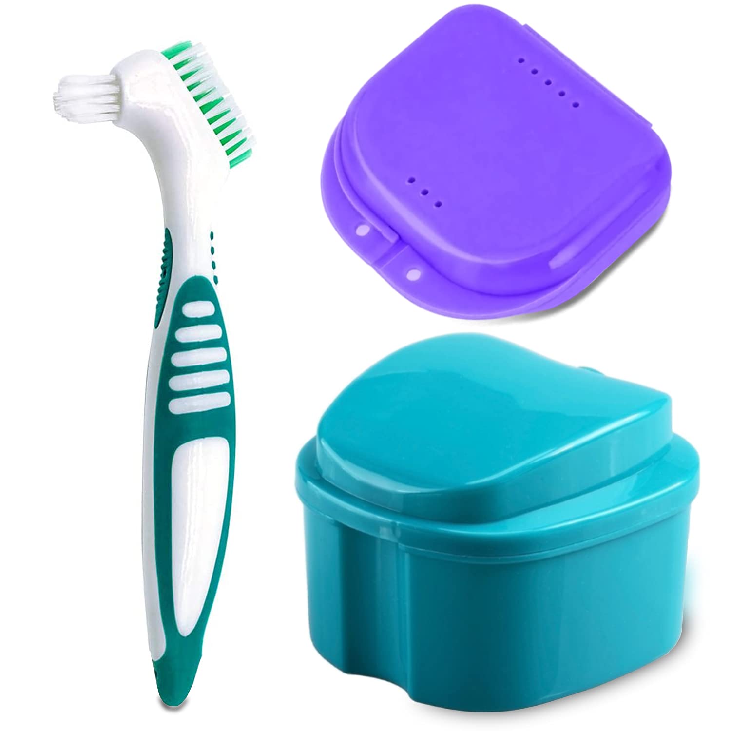 Denture Bath Case Cup with Cleaner Brush & Retainer Holder Box - Complete Cleaning Kit for Dentures, Clear Braces, Mouth Guards, Night Guards & Retainers - Travel-Friendly Dental Care Organizer (Blue) | Perfect for Home Use, Travel & Daily Oral Care Maintenance