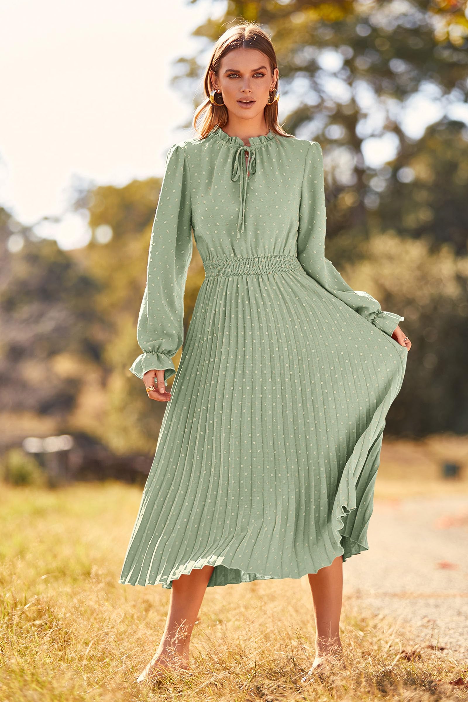 PRETTYGARDEN Women's 2025 Spring Fall Midi Dress - Long Sleeve V-Neck Swiss Dot Pleated A-Line Flowy Casual Dress for Work, Date Night & Special Occasions
