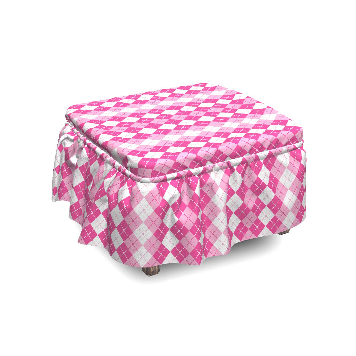 Ambesonne Pink and White Ottoman Cover Set - 2 Piece Traditional Argyle Slipcover with Ruffle Skirt for Square/Round Footstools - Standard Size Pale Pink & White Home Decor - Perfect for Living Room, Bedroom or Nursery Accent