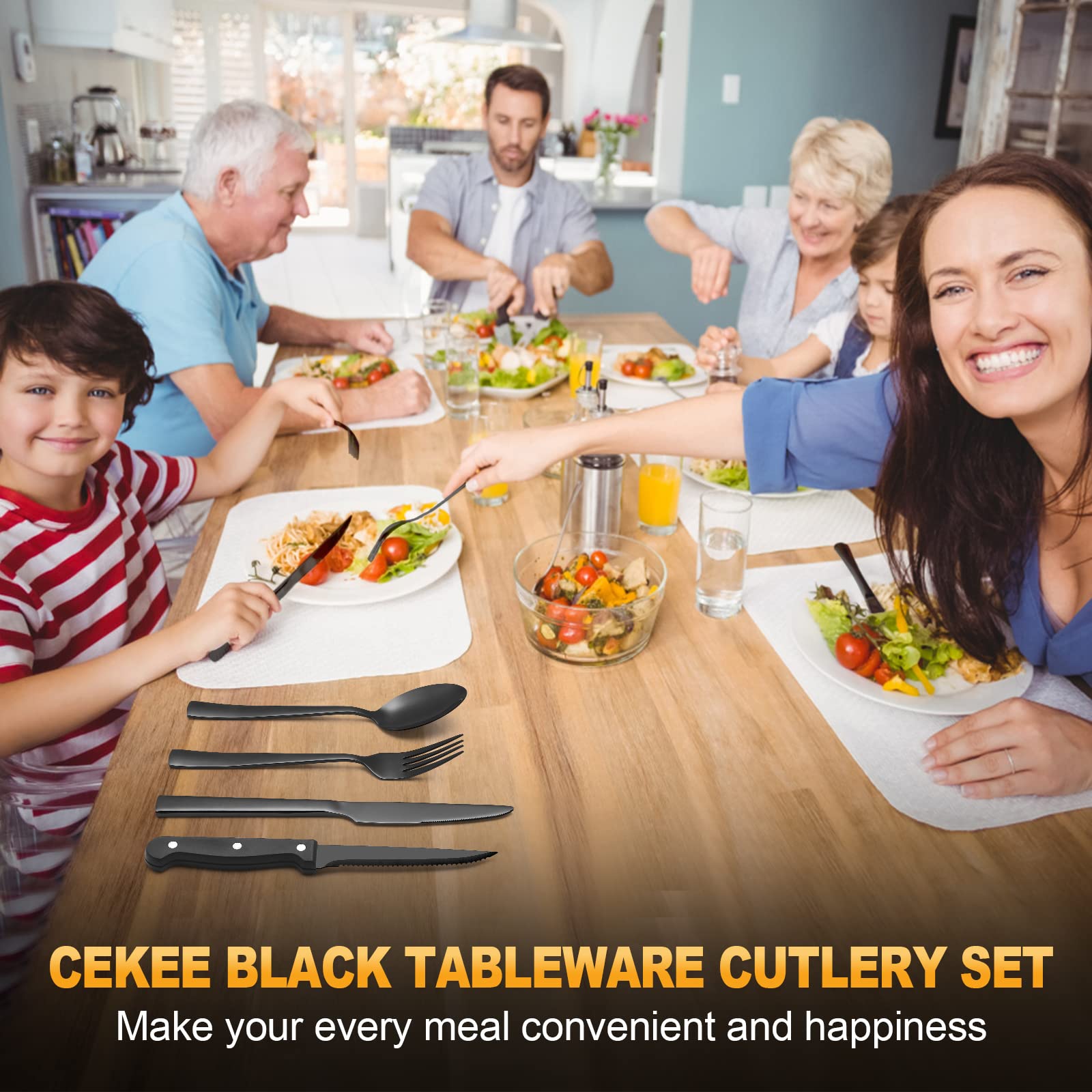 24-Piece Black Silverware Set for 4 with Steak Knives - Premium Stainless Steel Flatware Set for Dining - Elegant Black Cutlery Set for Home & Kitchen - Perfect for Dinner Parties, Restaurants & Daily Use - Hand Wash Recommended