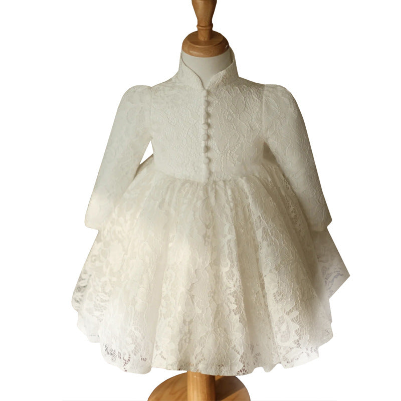 White Lace Princess Flower Girl Dress - Mock Neck Lantern Sleeve Wedding Party Gown for Toddler Girls - Perfect for Flower Girls, Pageants & Special Occasions
