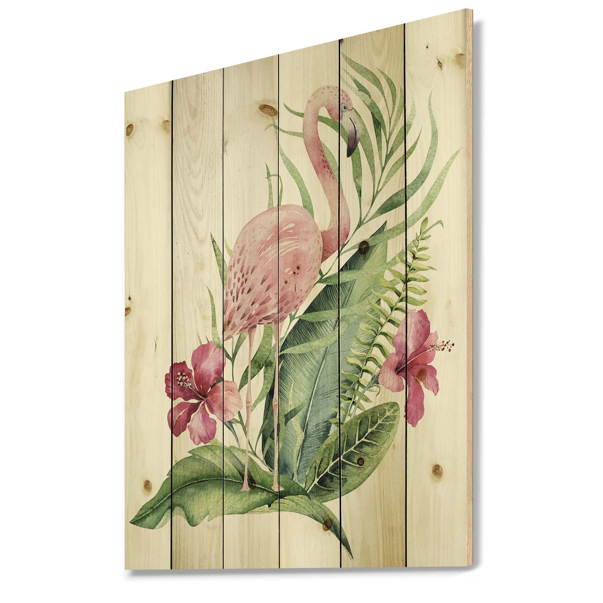 DesignQ Flamingo & Tropical Foliage Wood Wall Art - Pink Floral Pine Wood Decor Panel | Large Traditional Wall Hanging for Living Room, Bedroom & Office Decor