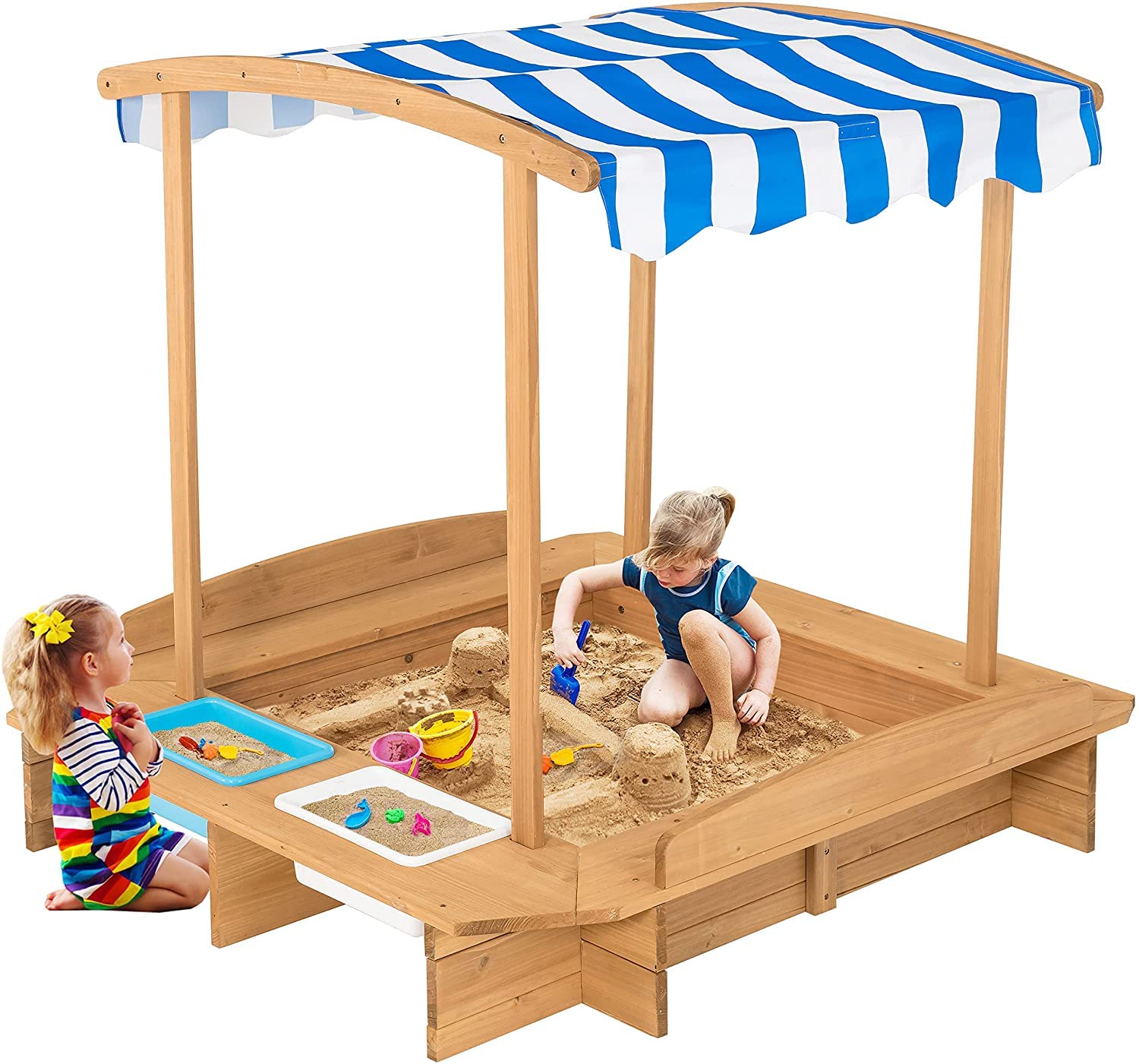 **HONEY JOY Kids Sandbox with Canopy - Outdoor Wooden Sand Pit with Liner, 2 Storage Bins & Built-in Benches - Square Backyard Sandbox for Toddlers & Children - Perfect for Playtime, Sensory Activities & Outdoor Fun**