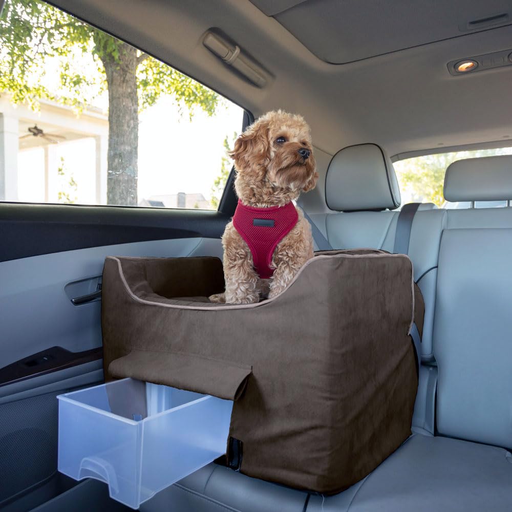 Snoozer Lookout II Dog Car Seat for Small Dogs Under 25lbs - Washable Dark Chocolate Cover with Storage Tray & Safety Harness | Pet Travel Accessory to Prevent Car Sickness | Perfect for Road Trips, Vet Visits & Daily Commutes