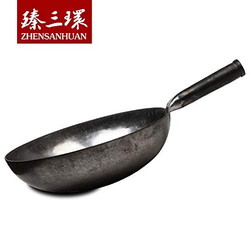 ZhenSanHuan Premium Hand-Forged Carbon Steel Wok Pan - 36cm Unseasoned Chinese Iron Wok for Stir Frying | Non-Toxic, Chemical-Free, Natural Non-Stick Surface | Perfect for Home Cooking, Restaurant Use & Professional Chefs
