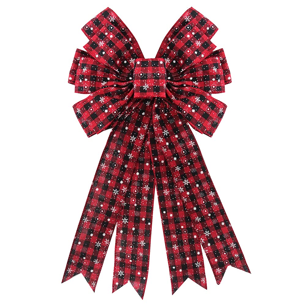 Large Christmas Bows for Wreaths - Red Buffalo Plaid Holiday Wreath Bows with Snowflake Design for Front Door Decor, Indoor/Outdoor Xmas Tree & Wedding Party Decorations | Perfect for Holiday Home Decor, Gift Wrapping & Festive Celebrations