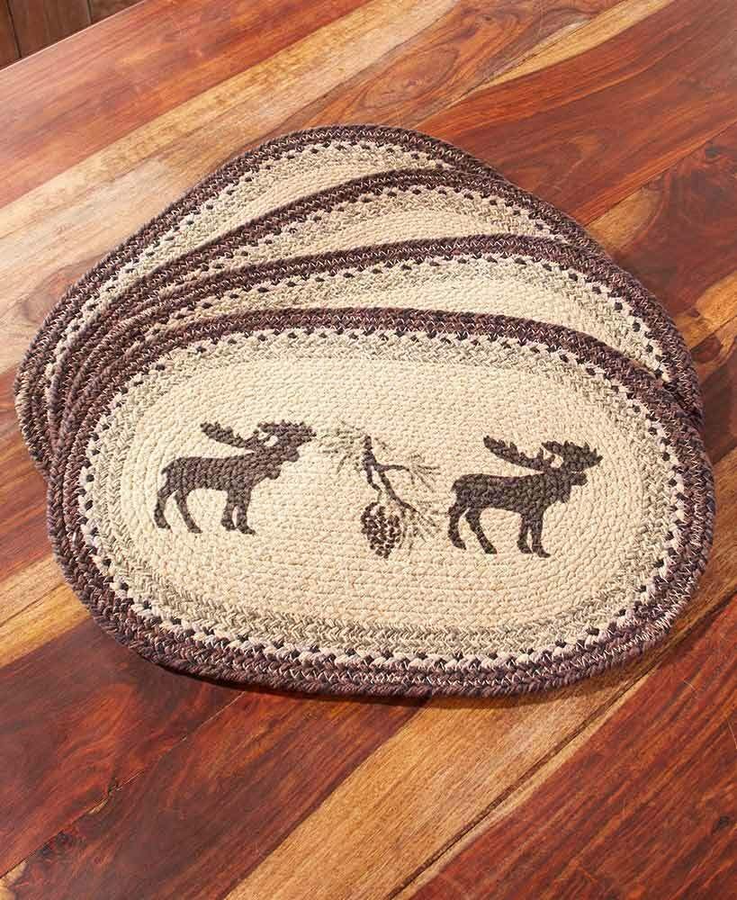 Set of 4 Oval Lodge Braided Placemats with Moose & Pinecone Design - Rustic Table Decor for Cabin, Farmhouse, or Thanksgiving Dinner Setting