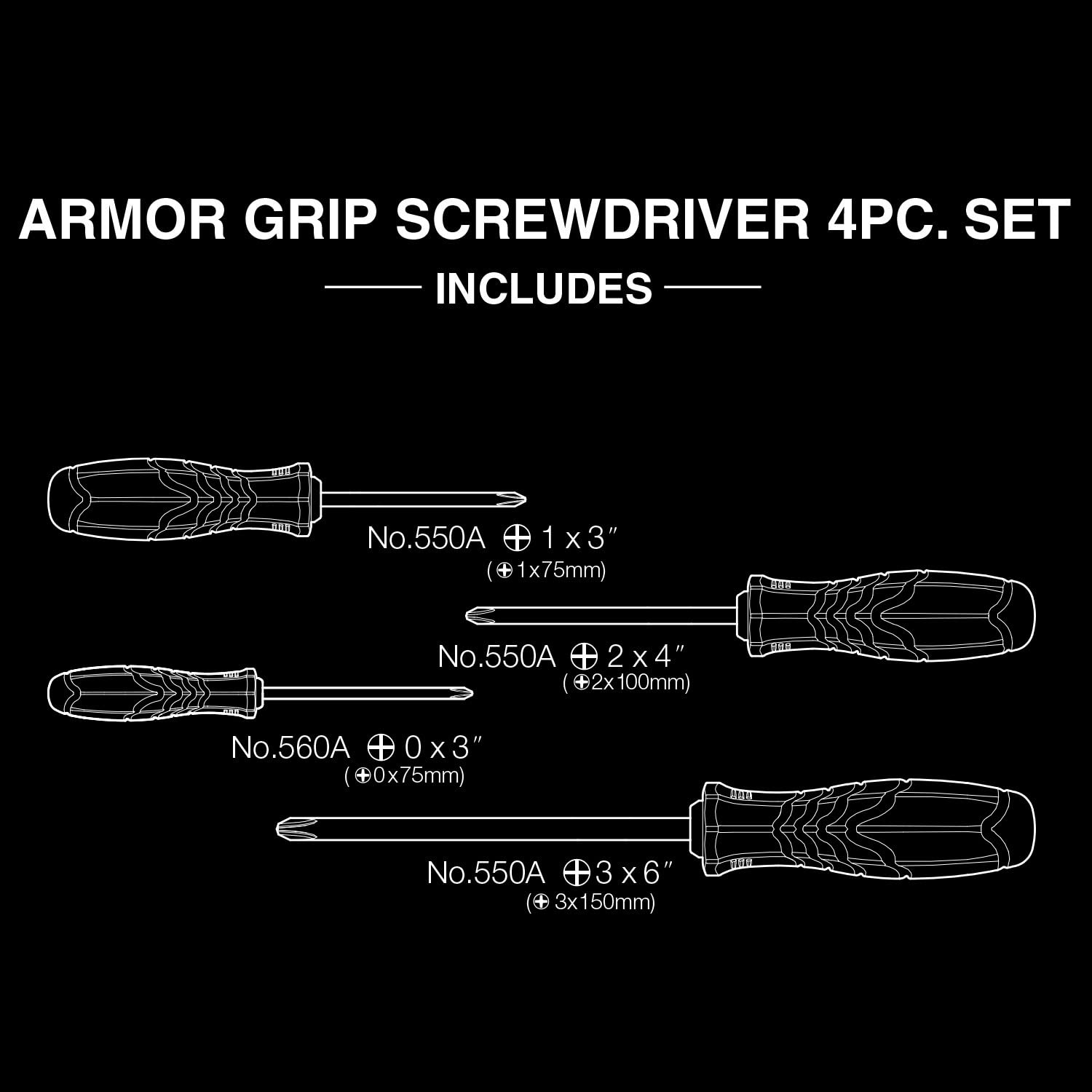 VESSEL ARMOR GRIP™ JIS Standard Cross Point Screwdriver Set - 4 Piece Phillips Head (No.550APH4PBU) for Electronics, Automotive & DIY Projects