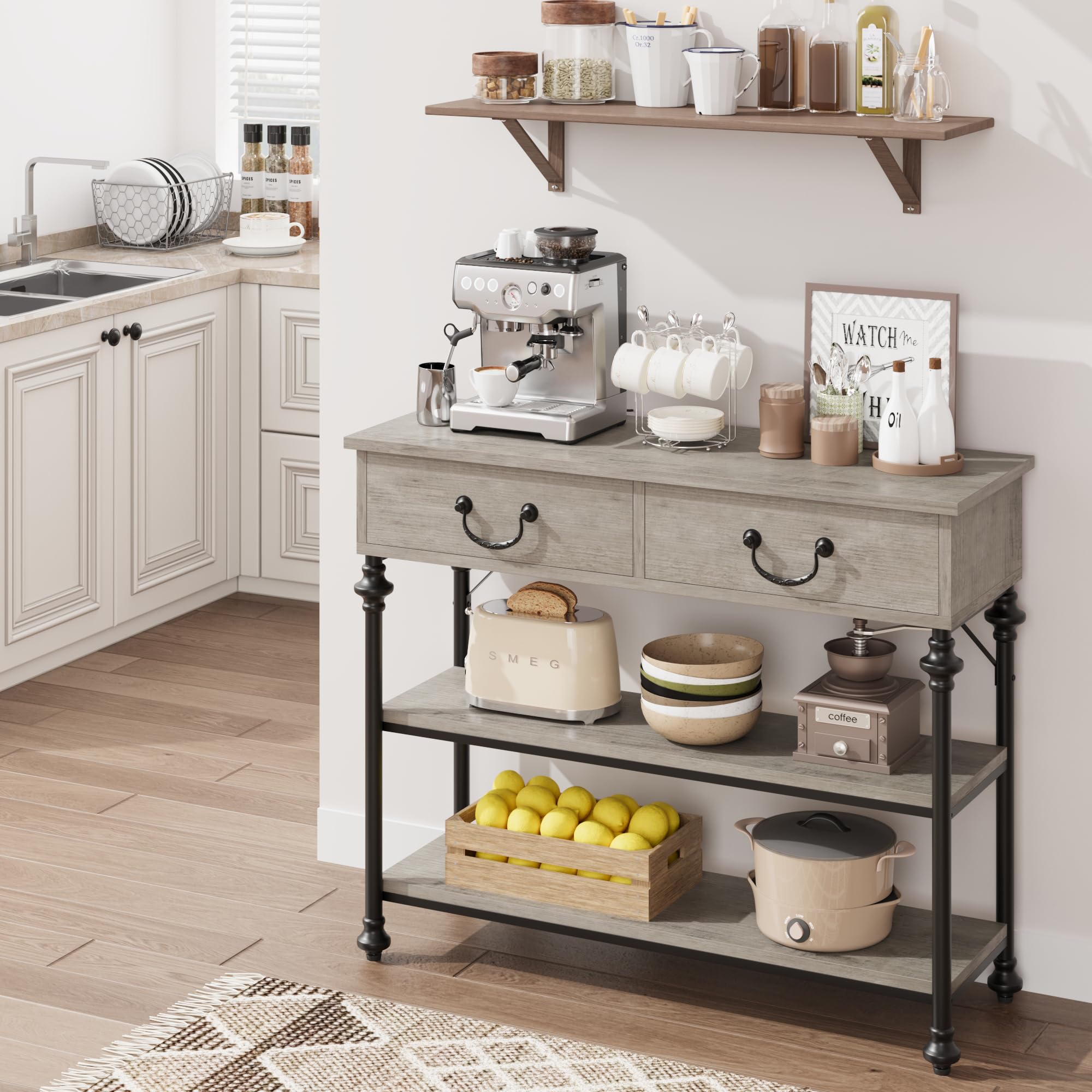 IDEALHOUSE Rustic Grey Small Entryway Table with 2 Drawers & Storage Shelves - Narrow Console Table for Living Room, Hallway, Sofa | Perfect for Home Entry Organization & Decorative Display
