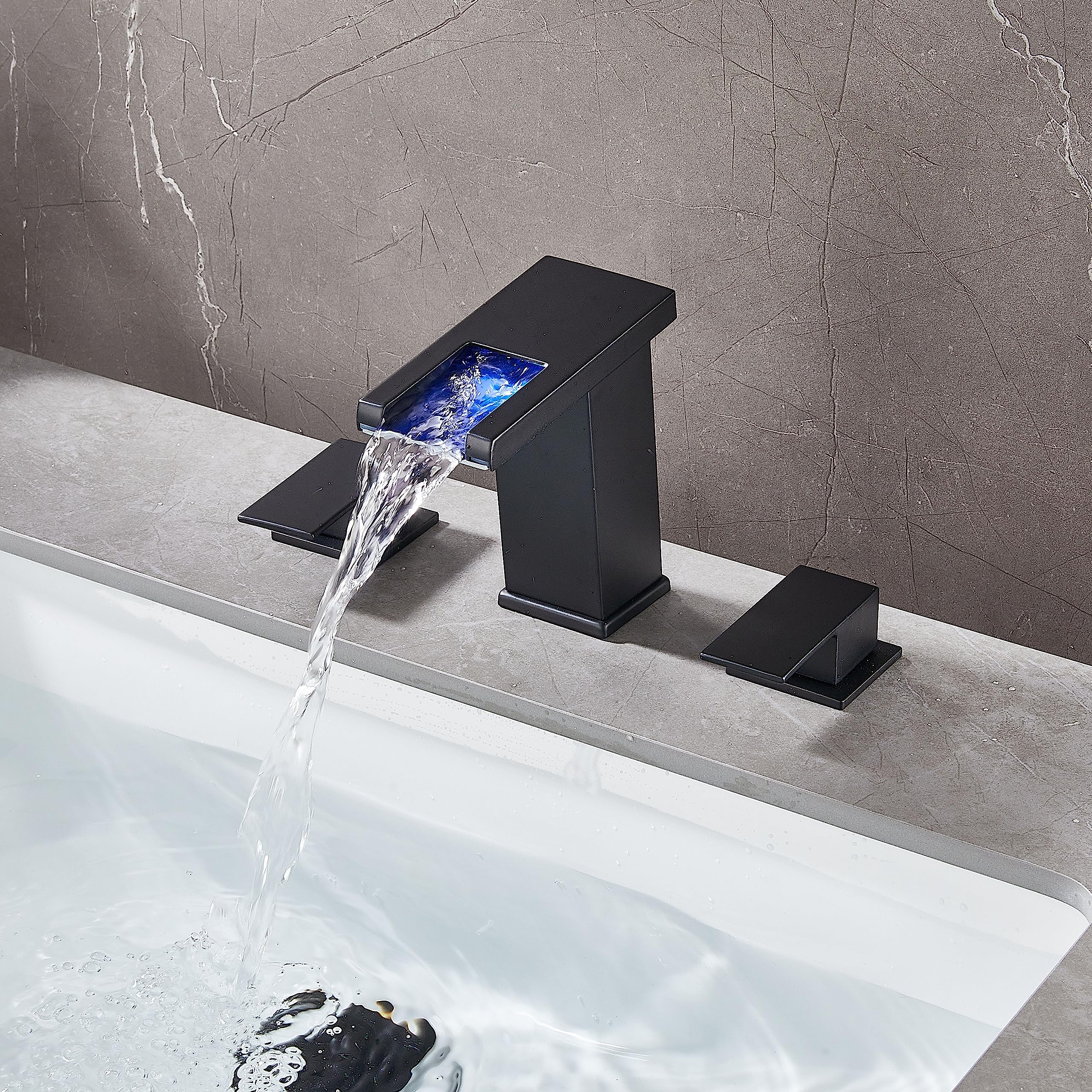 Black 3-Hole Waterfall Bathroom Faucet with LED Light - Perfect for RV & Vanity Sinks