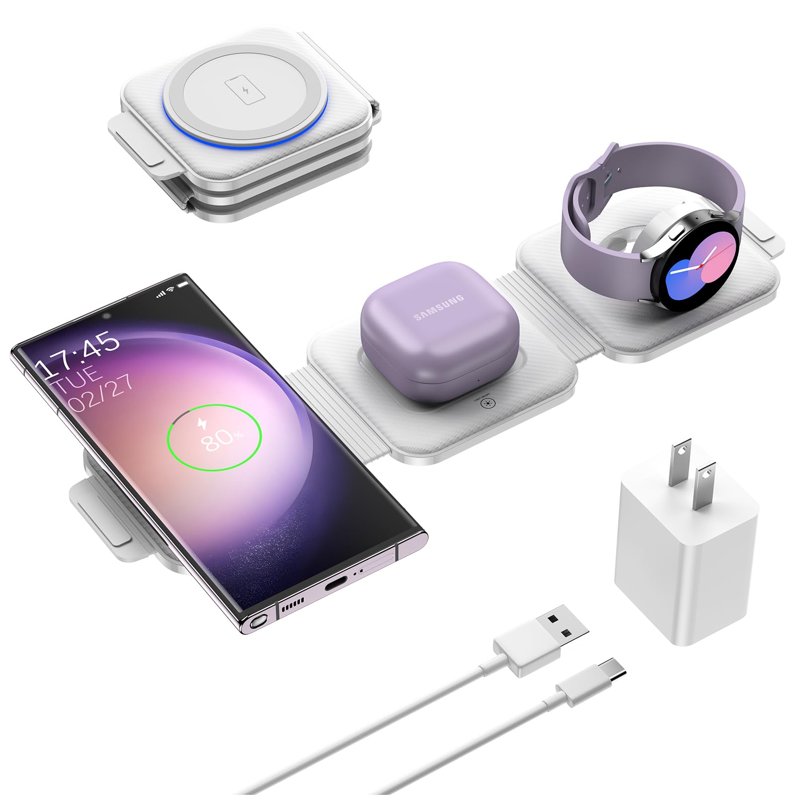 3-in-1 Foldable Fast Wireless Charging Station for Samsung Galaxy S25/S24/S23/S22/S21/Note20 | Compatible with Galaxy Watch 7/6/5/4/3 & Buds 3 | Multi-Device Travel Charger | Perfect for Home, Office & Travel Use