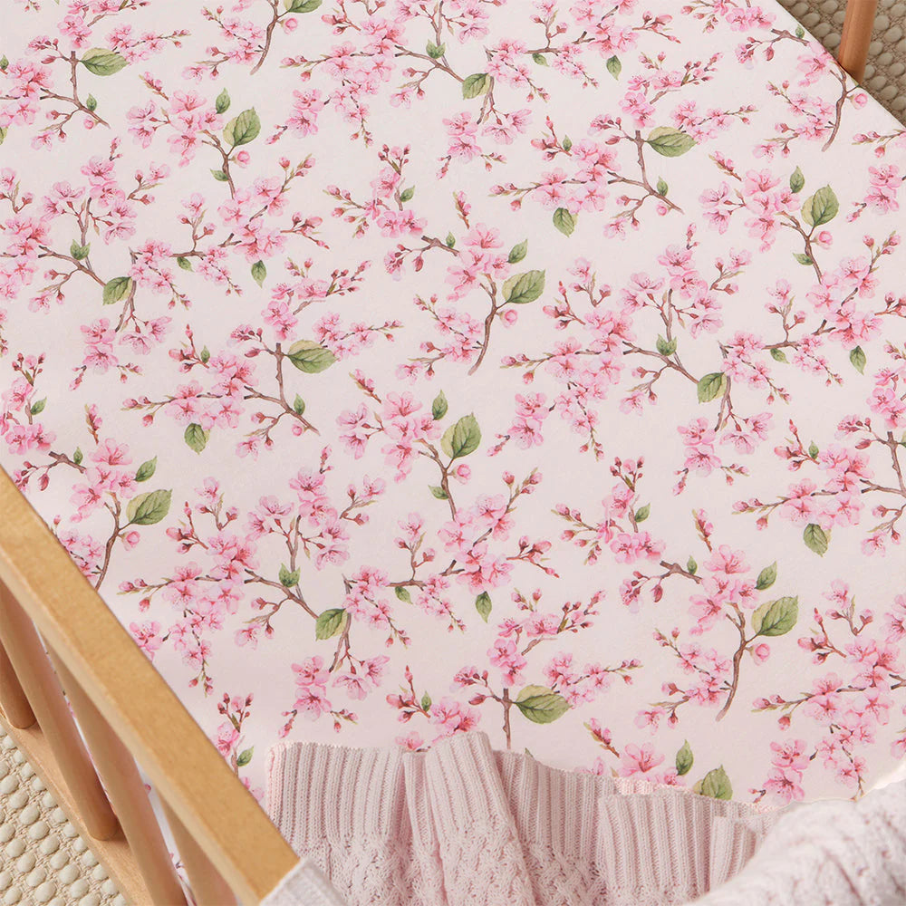 Organic Fitted Jersey Cotton Crib Sheet - Snuggle Hunny Soft Baby Bedding for Nursery, Cherry Blossom Design | Perfect for Newborns, Toddlers & Daycare Use