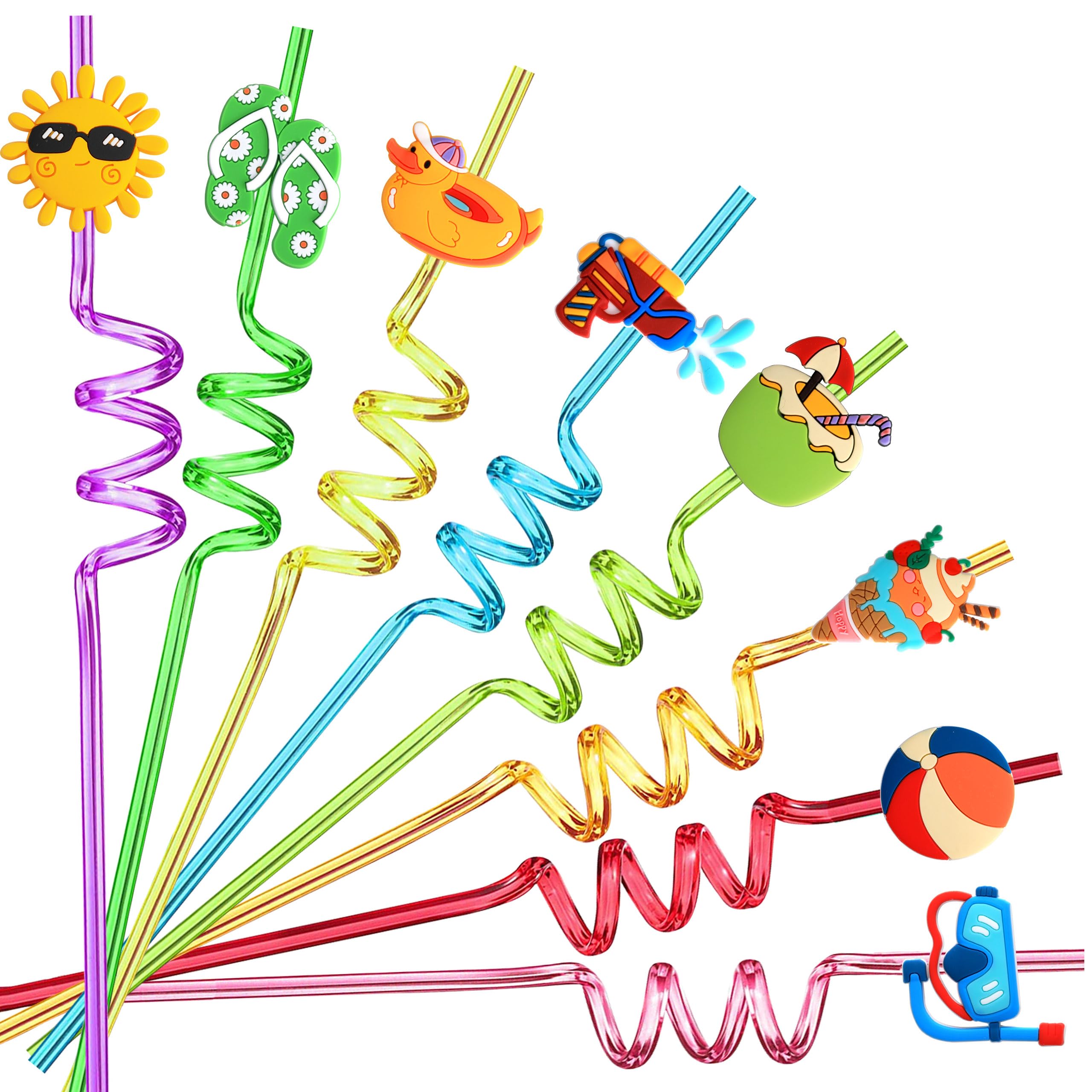 24 Pack Fun Crazy Straws for Kids - Reusable Colorful Drinking Straws for Pool Party, Beach Party, Birthday Favors - Includes 2 Cleaning Brushes - Perfect for Summer Parties, School Events & Student Gifts