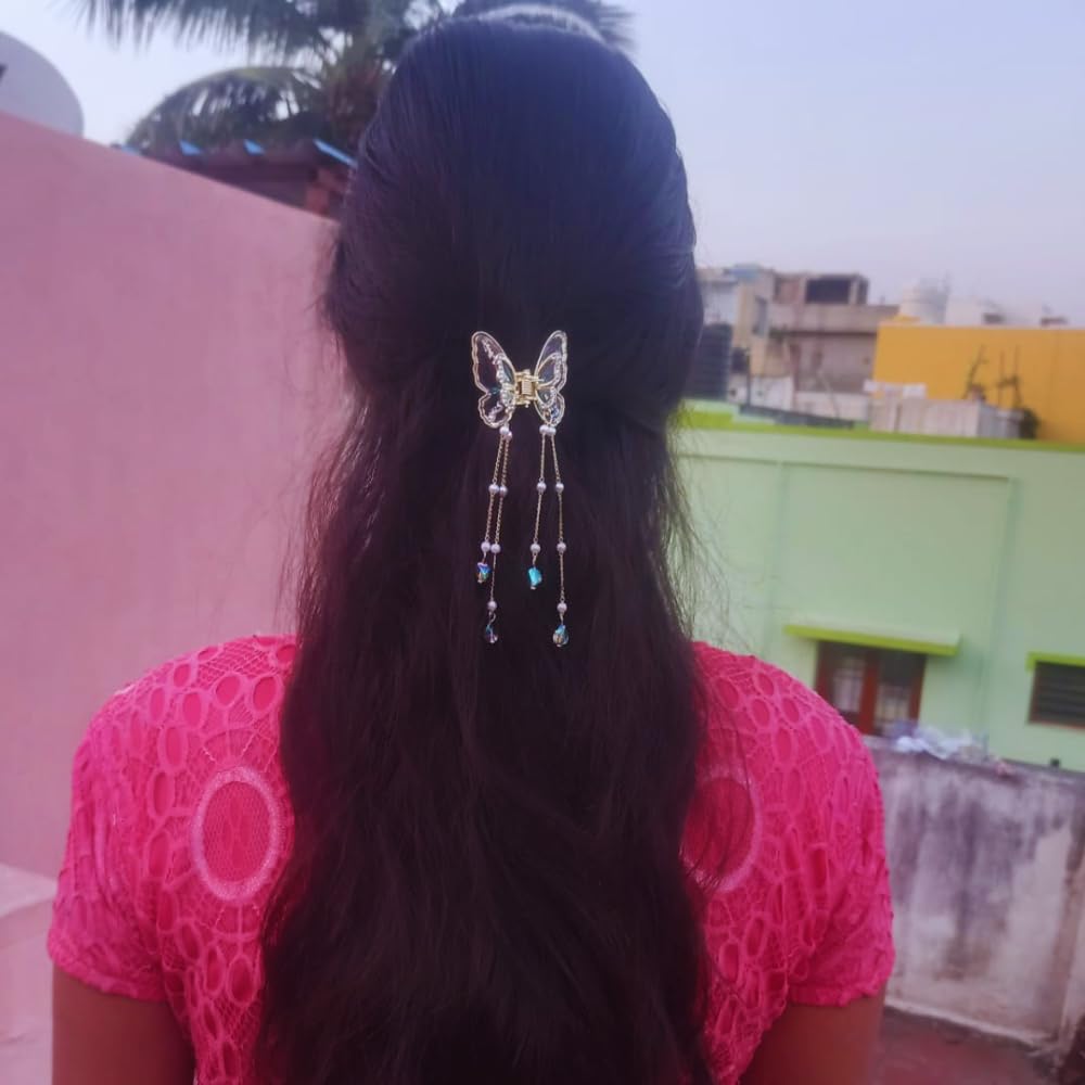 RSJ TRADERS - Blue Butterfly 3D Rhinestone Hair Claw Clip for Women & Girls | Wedding Hair Accessories with Crystal Tassel | Strong Hold for Thick Hair | Perfect for Parties, Prom & Special Occasions