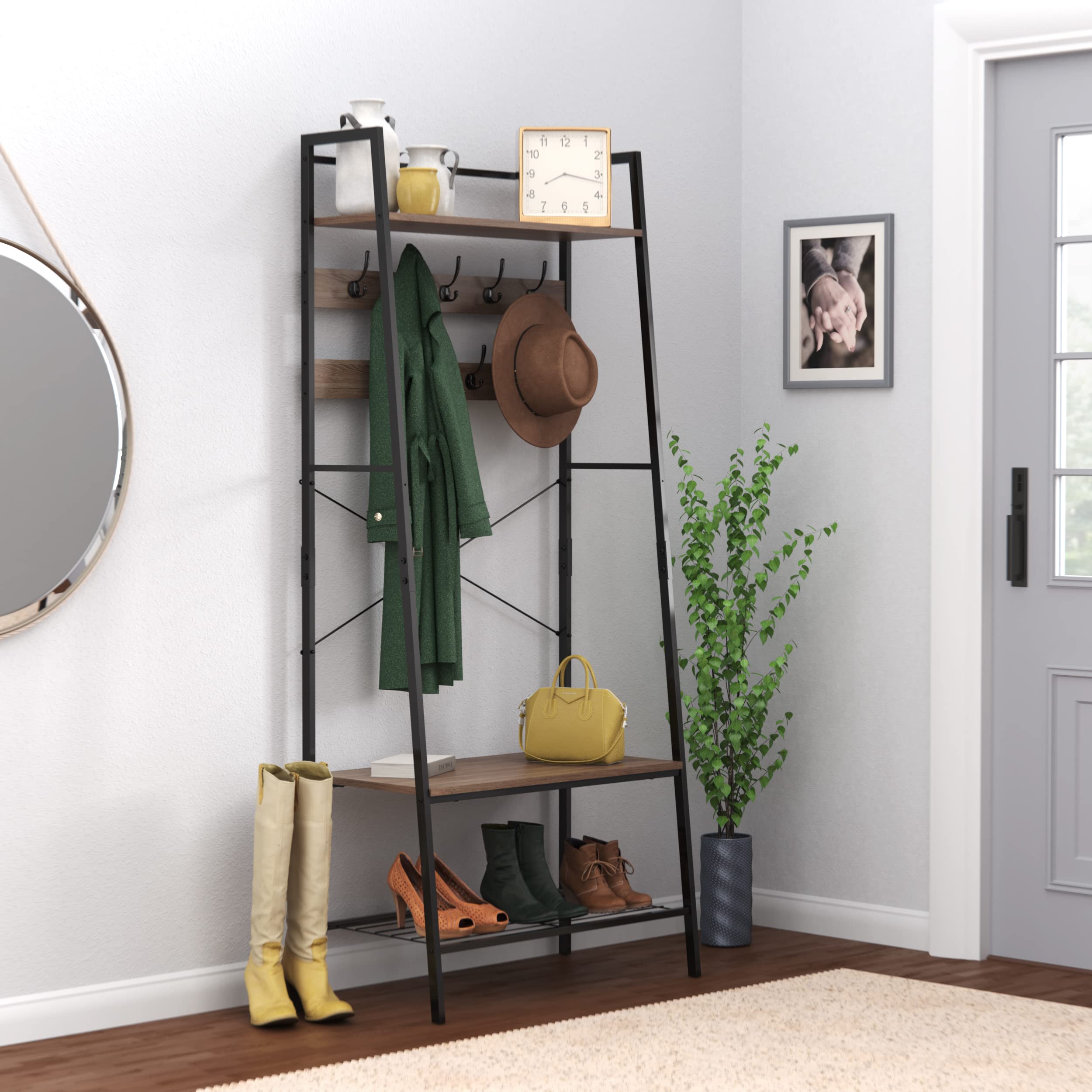 ClosetMaid Hall Tree with Shoe Bench - 9 Hooks & Storage Shelf Ladder Design - Weathered Gray/Black Metal - Perfect for Entryway, Mudroom & Home Organization