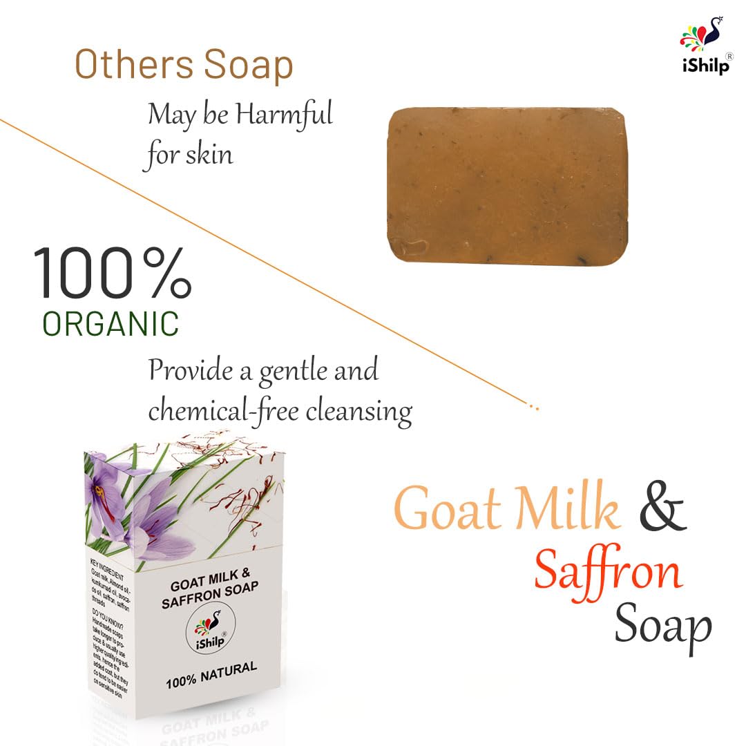 iShilp Goat Milk Soap with Saffron - Pack of 2 | Natural Skin Brightening & Moisturizing Bar Soap for Women & Men | Gentle Body Wash for Dry, Sensitive Skin | Perfect for Daily Bath & Skincare Routine