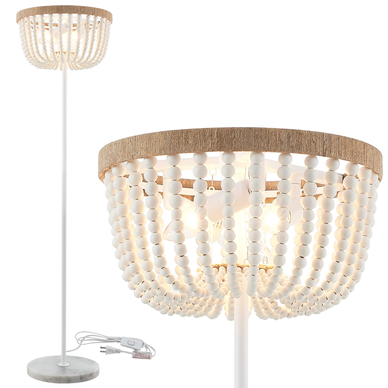 Boho Floor Lamp with White Wood Beaded Shade - 3-Light Modern Rattan Lighting for Bedroom, Living Room, Nursery & Dorm Decor | Perfect for Cozy Reading Nook, Boho Home Aesthetic & Relaxing Ambiance