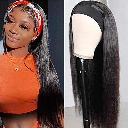 24 Inch Brazilian Straight Human Hair Headband Wig for Black Women - No Lace Front, Glueless, Elastic Band, Remy Hair Half Wig | Perfect for Daily Wear, Parties & Protective Styling