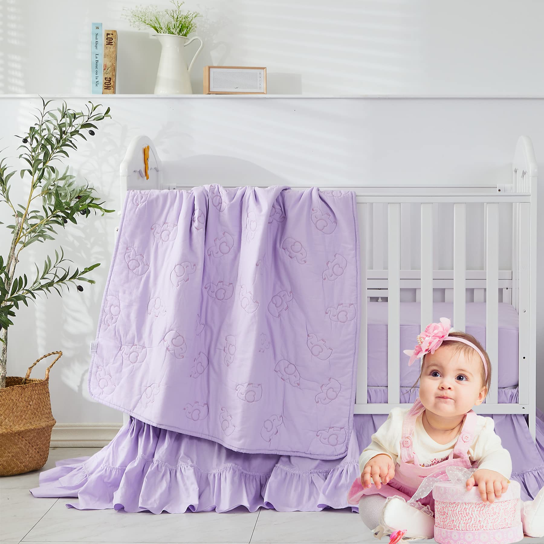 Brandream 3-Piece Purple Elephant Embroidered Crib Bedding Set for Girls - 100% Washed Pure Cotton Baby Nursery Bedding | Soft & Safe for Newborns, Perfect for Nursery Decor & Baby Shower Gifts