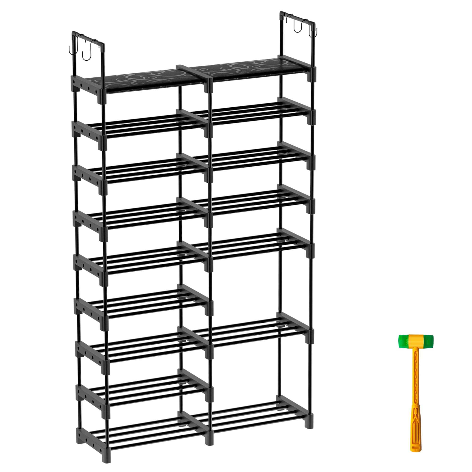 UMBFUN 9-Tier Shoe Rack Organizer - Heavy Duty Metal Shoe Storage for Entryway, Closet & Garage - Holds 32-40 Pairs of Shoes & Boots - Tall Stackable Free Standing Shoe Shelf with 4 Hooks (Black, 2x9) - Perfect for Small Spaces, Apartment Living & Shoe Organization