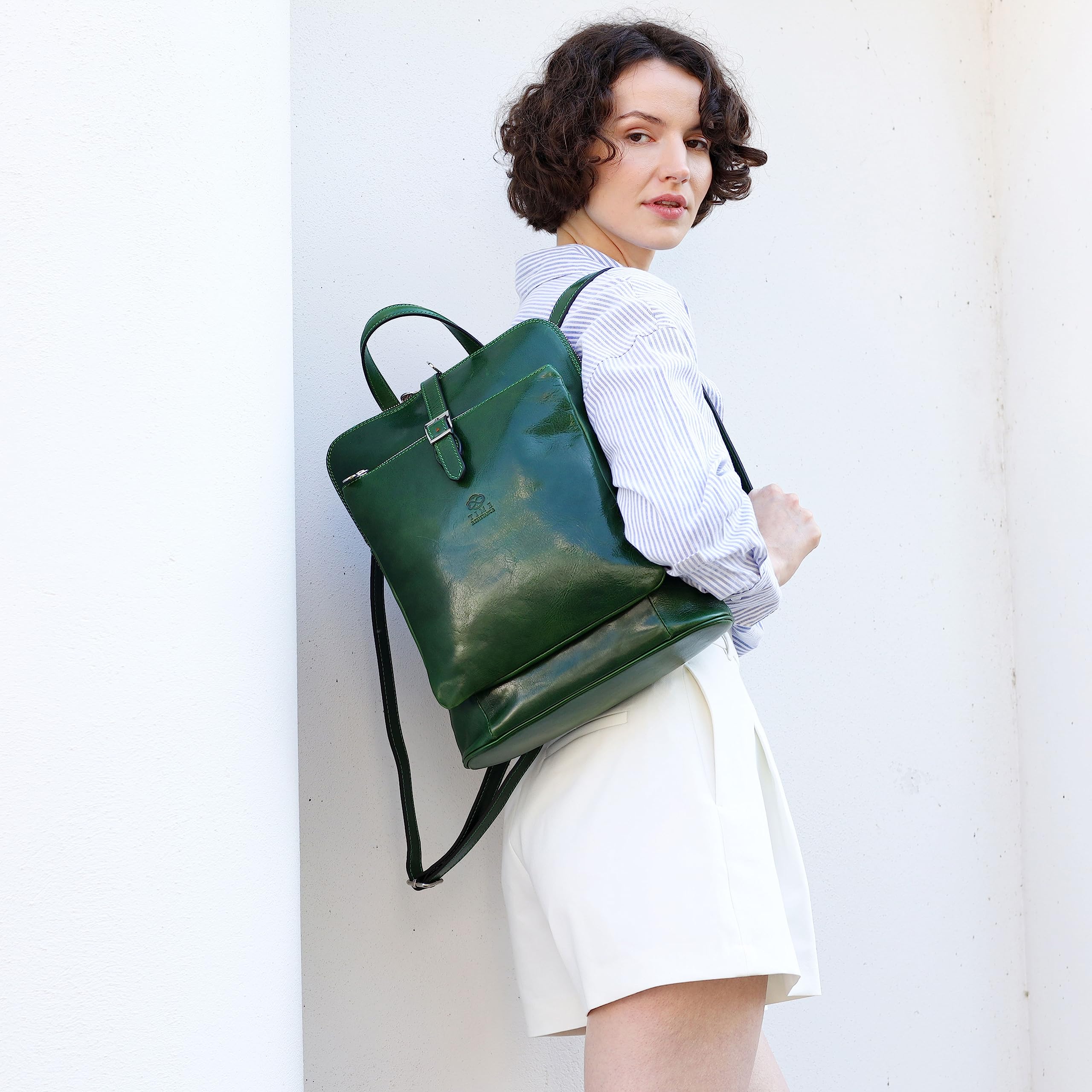 Premium Full Grain Leather Backpack for Women - Convertible to Shoulder Bag - Durable Travel Rucksack with Time Resistance (Green) - Perfect for Work, College & Weekend Getaways